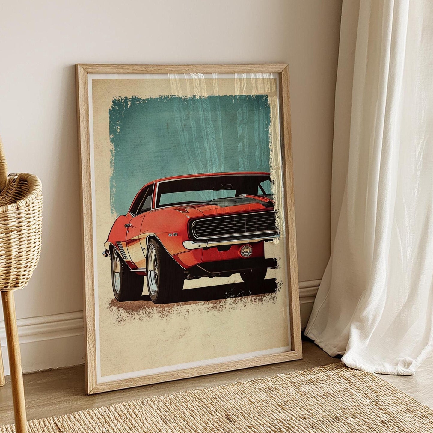 Classic Muscle Car Poster – Vintage American Auto Wall Art, Bold Red Camaro Print, Retro Garage Decor, Gift for Car Lovers