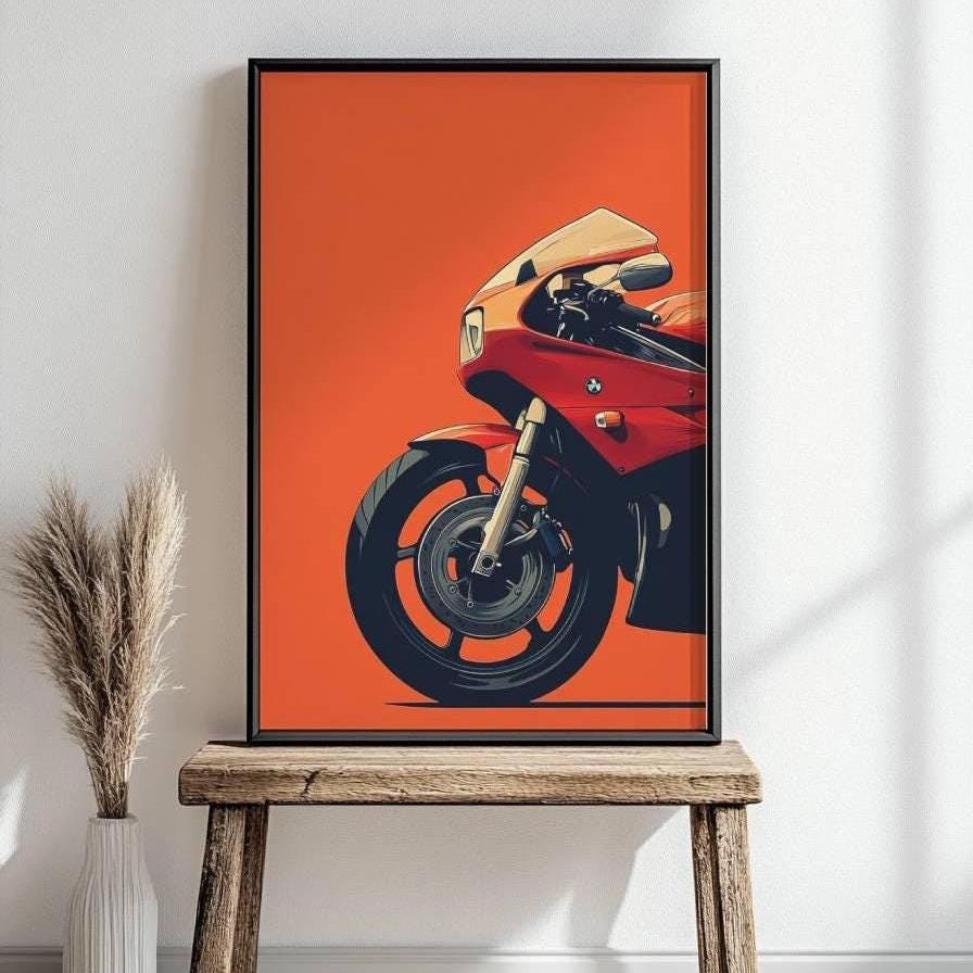 Modern Sport Motorcycle Poster – Minimalist Red Bike Wall Art, Clean Vector Moto Print, Bold Orange Decor, Gift for Biker Enthusiasts