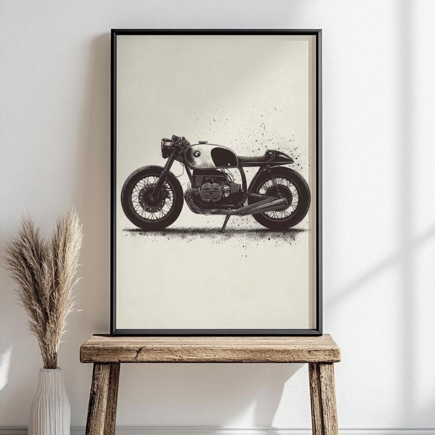 Cafe Racer Motorcycle Poster Print – Vintage BMW Bike Wall Art, Retro Garage Decor, Minimalist Ink Style Biker Gift for Him
