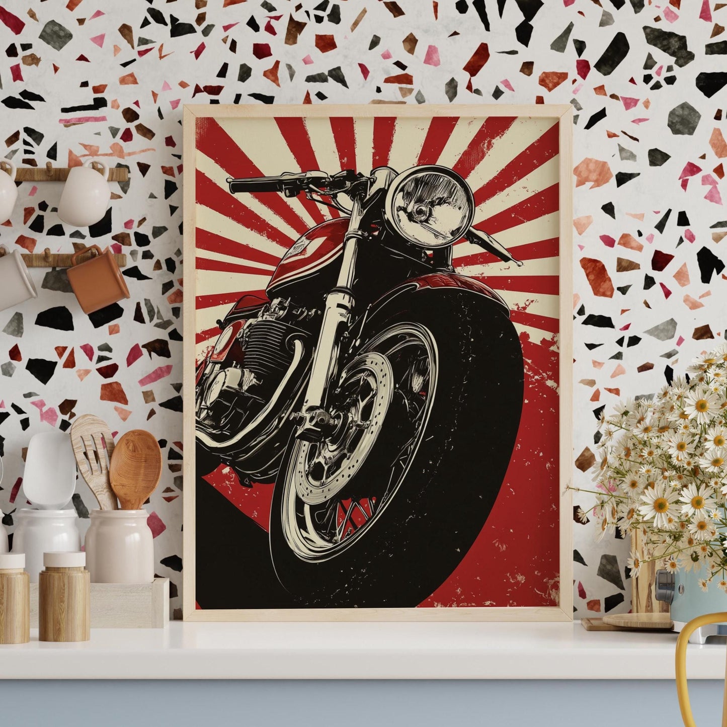 Cafe Racer Sunburst Poster – Bold Motorcycle Wall Art, Retro Red Moto Print, Classic Garage Decor, Gift for Bikers and Riders