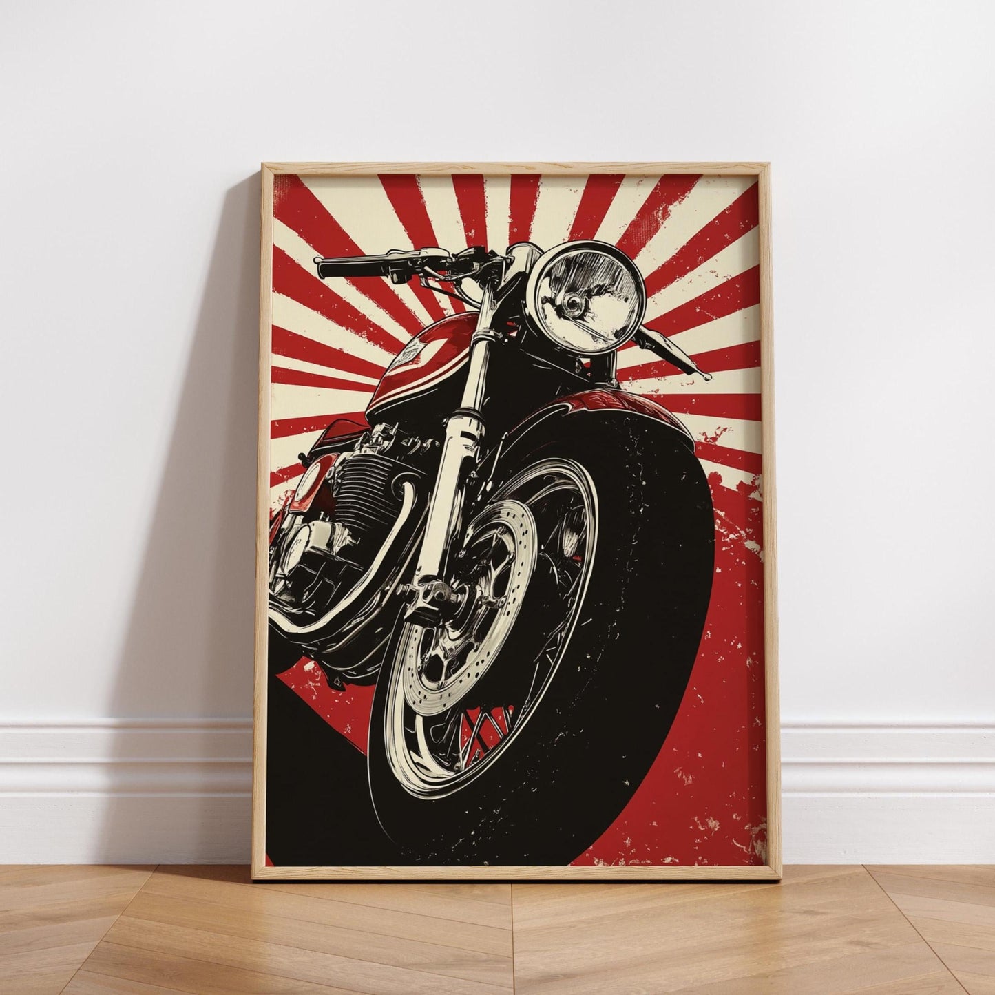 Cafe Racer Sunburst Poster – Bold Motorcycle Wall Art, Retro Red Moto Print, Classic Garage Decor, Gift for Bikers and Riders