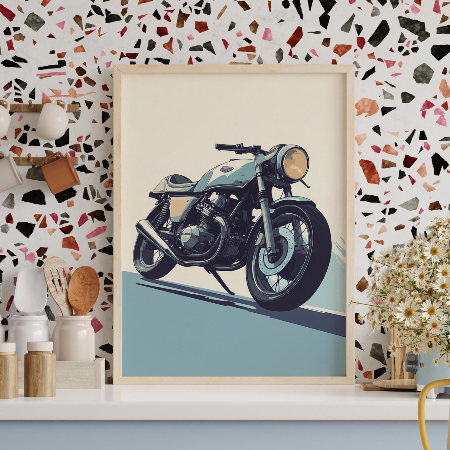 Cafe Racer Motorcycle Poster – Minimalist Vintage Bike Wall Art, Retro Honda Style Print, Cool Toned Garage Decor for Biker Enthusiasts