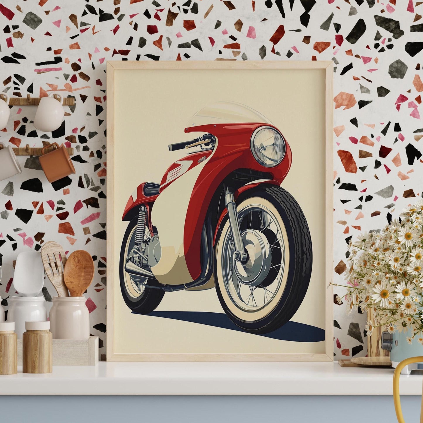 Retro Motorcycle Poster – Vintage Racer Bike Wall Art, Classic Red and Cream Moto Print, Minimalist Garage Decor for Motorbike Fans
