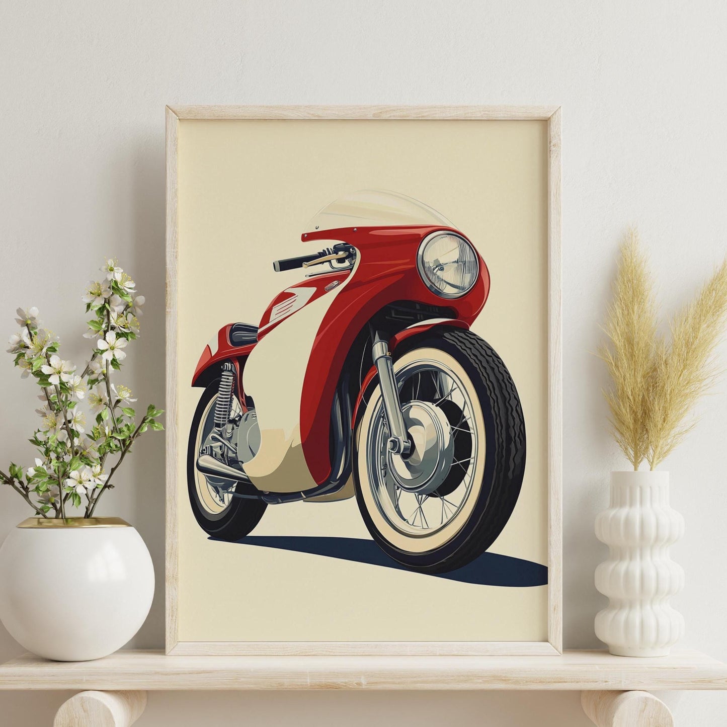 Retro Motorcycle Poster – Vintage Racer Bike Wall Art, Classic Red and Cream Moto Print, Minimalist Garage Decor for Motorbike Fans
