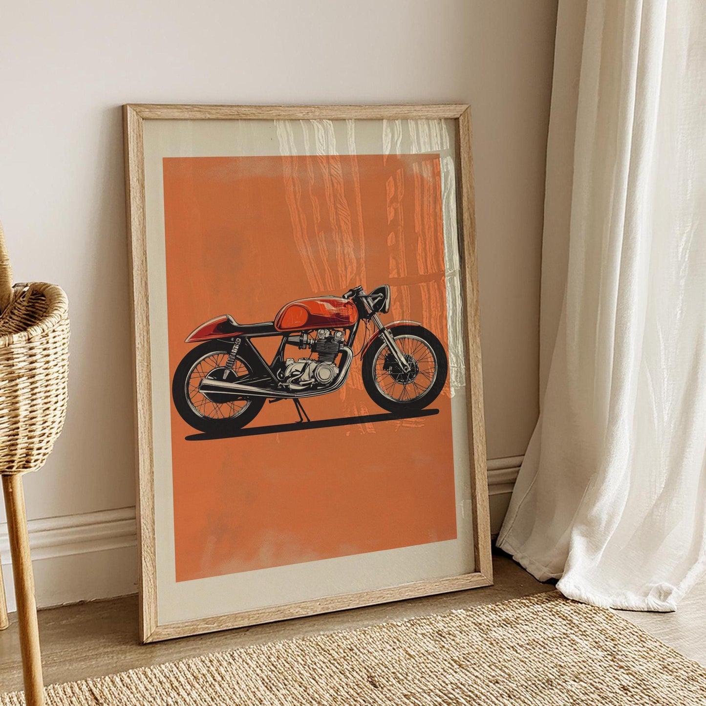 Cafe Racer Motorcycle Art – Retro Bike Wall Poster, Minimalist Orange Background Print, Vintage Moto Decor for Biker Garage or Man Cave