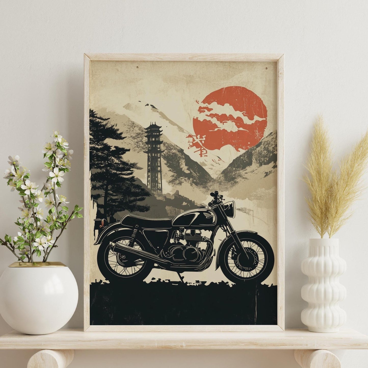 Cafe Racer in Japanese Landscape – Vintage Motorcycle Poster, Rising Sun Art Print, Zen Moto Wall Decor, Biker Gift, Retro Japan Style