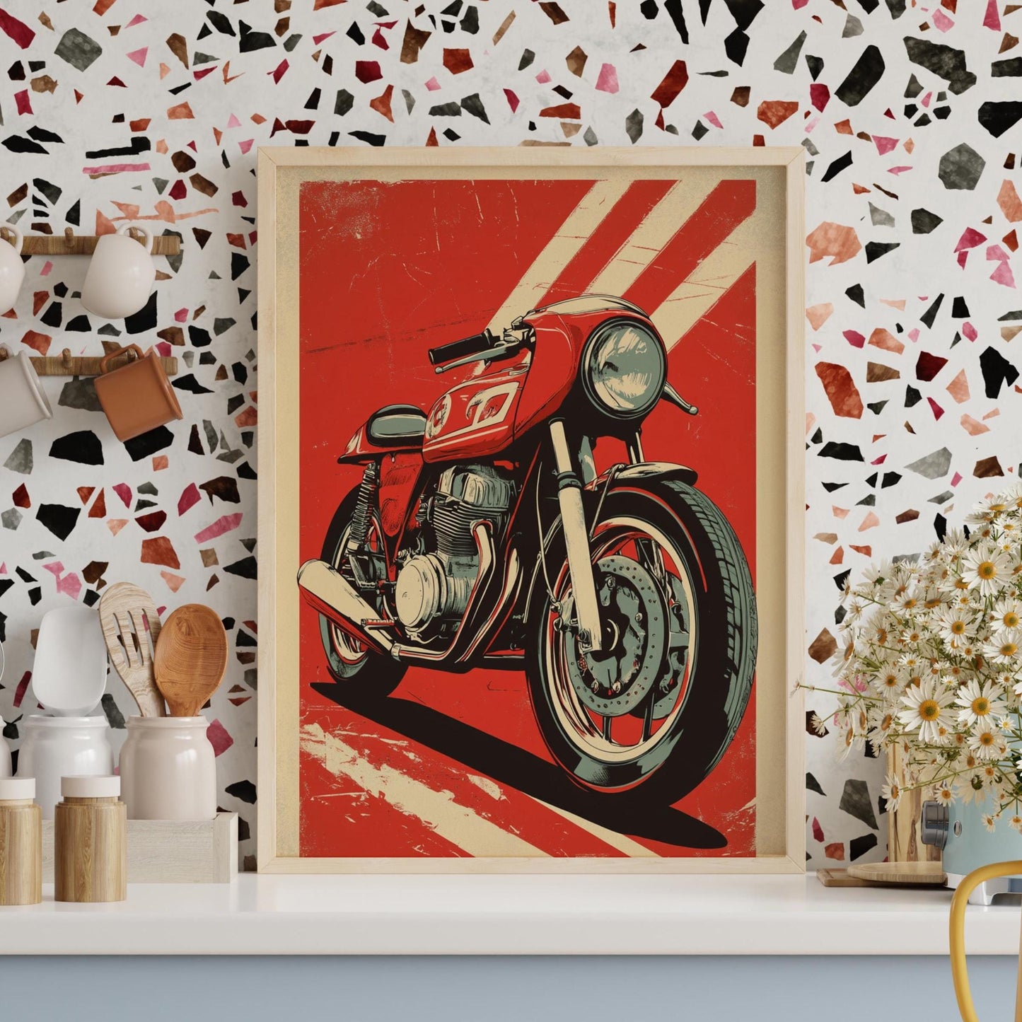 Red Cafe Racer Poster – Retro Motorcycle Wall Art, Bold Biker Print, Vintage Racing Bike Decor, Classic Moto Gift, Pop Art Garage Art
