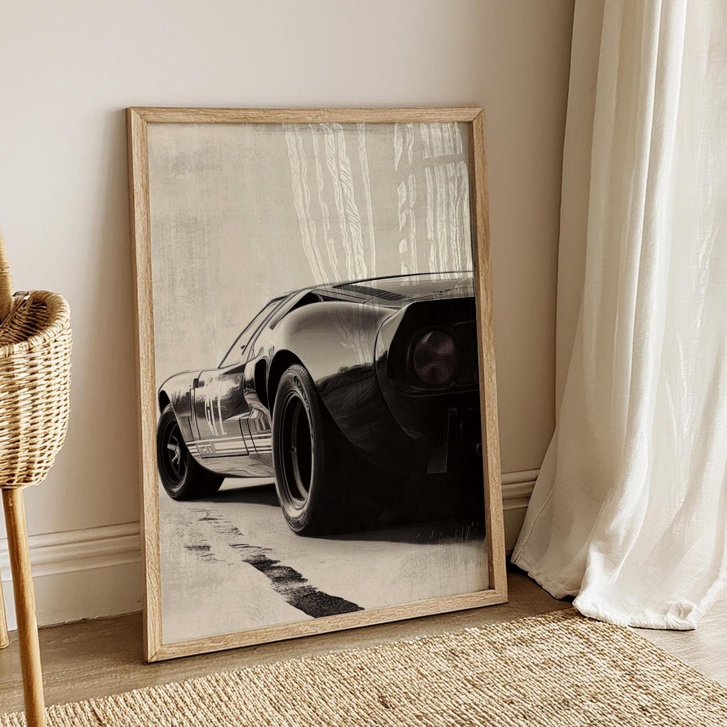 Vintage Ford GT Poster – Black and White Sports Car Wall Art, Minimalist Muscle Car Print, Retro Racing Decor, Garage Art Gift