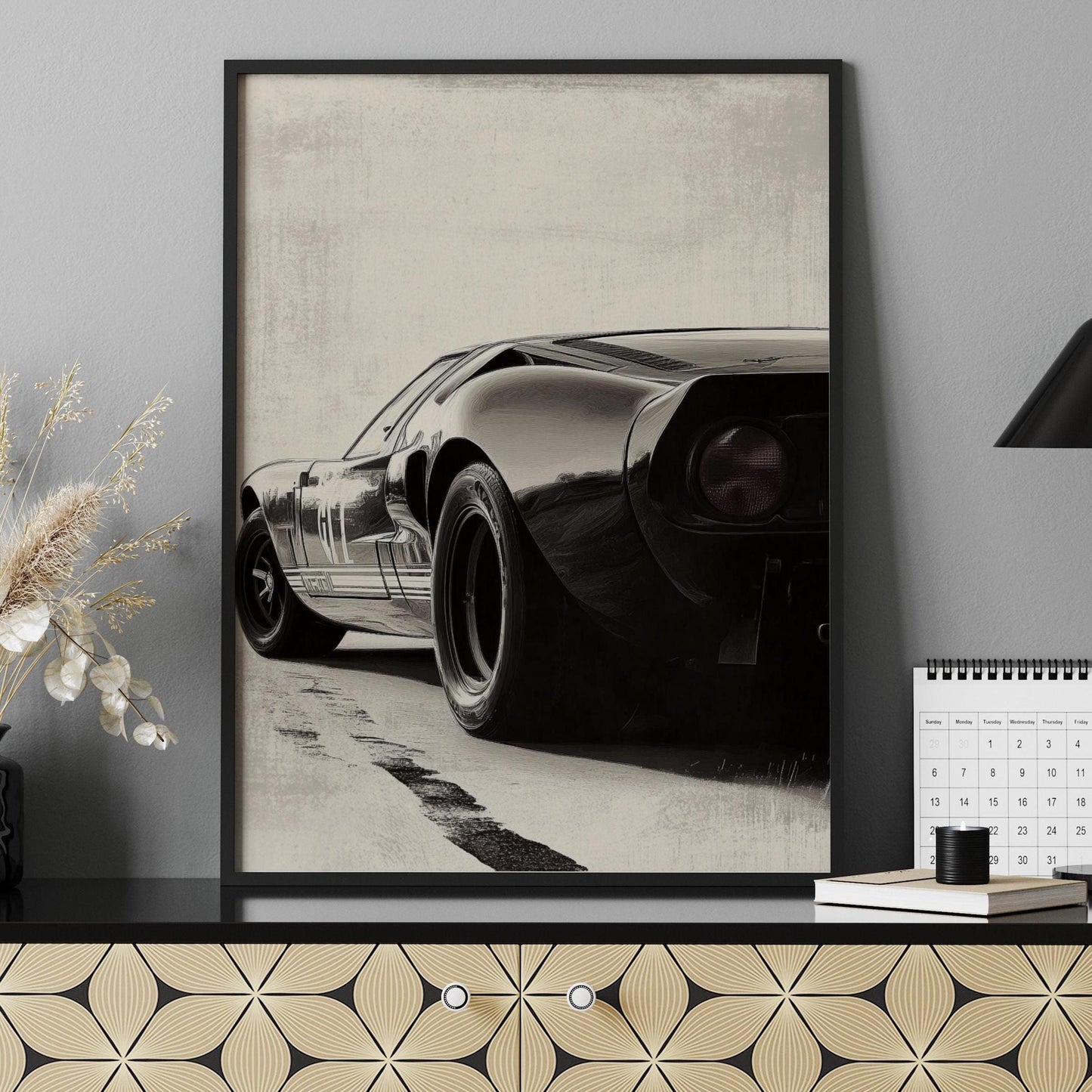 Vintage Ford GT Poster – Black and White Sports Car Wall Art, Minimalist Muscle Car Print, Retro Racing Decor, Garage Art Gift