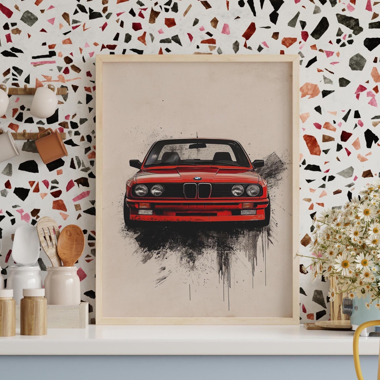 Retro German Car Poster – Minimalist Car Wall Art, Red Sports Coupe Print, Vintage Automotive Decor, Bold Garage Art, Car Lover Gift