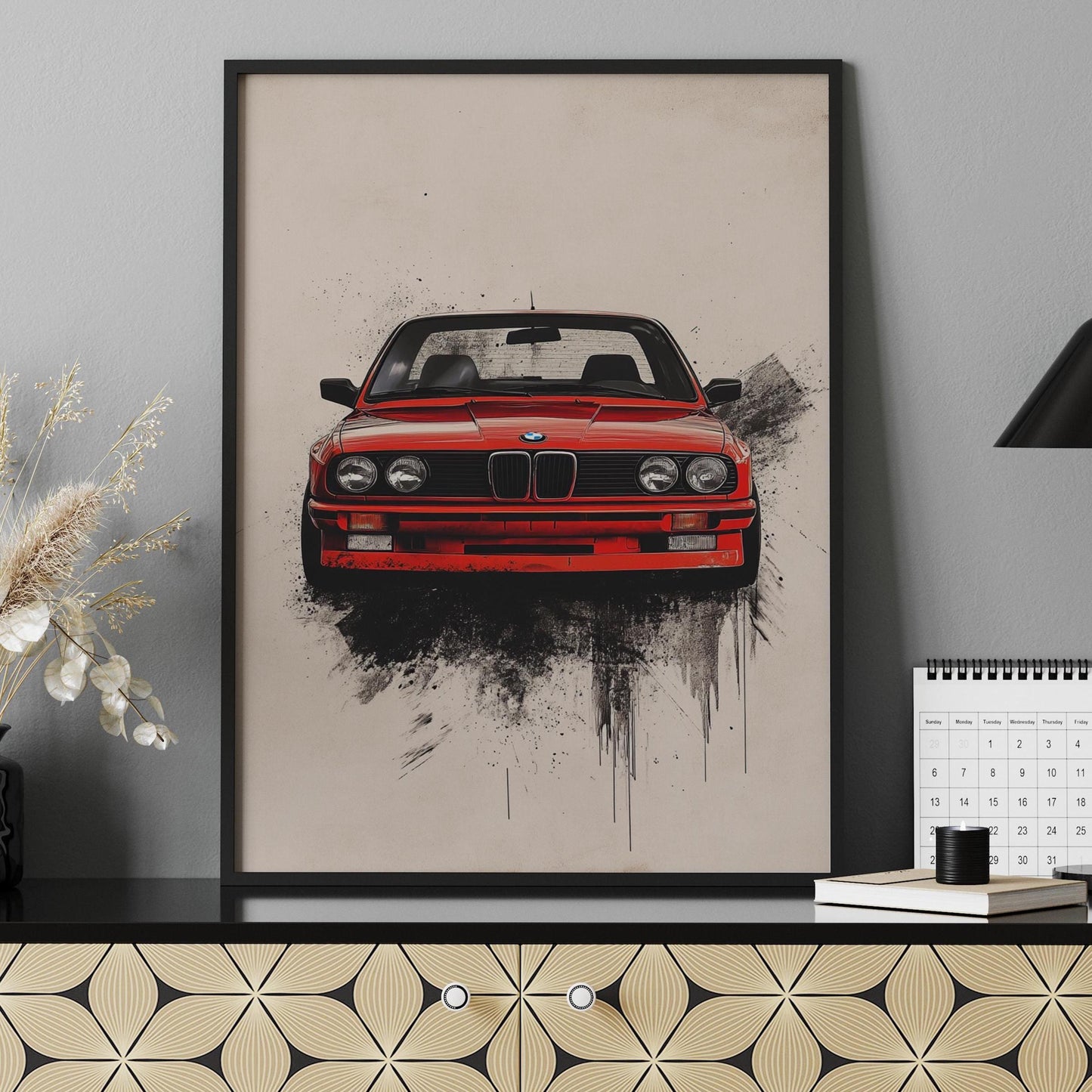Retro German Car Poster – Minimalist Car Wall Art, Red Sports Coupe Print, Vintage Automotive Decor, Bold Garage Art, Car Lover Gift