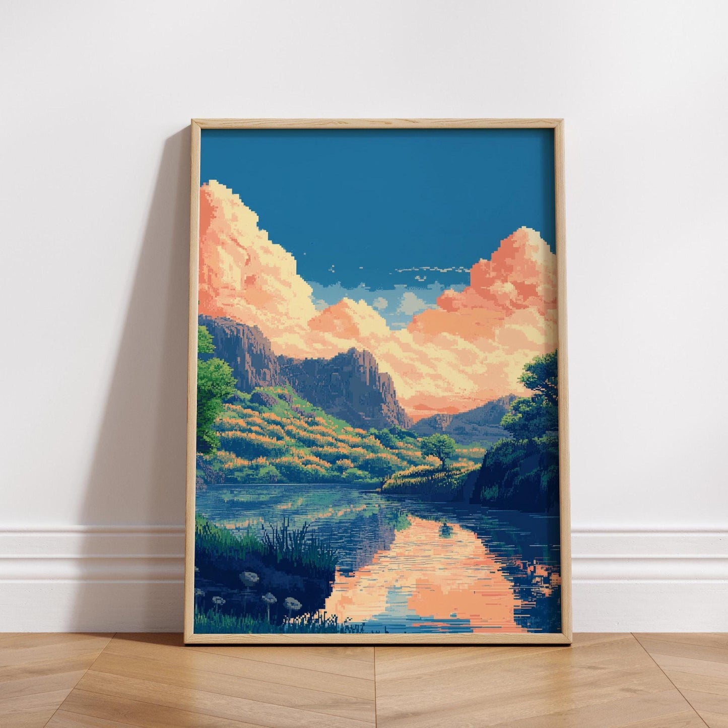8-Bit Pixel Sunset River Poster – Retro Scenic Landscape Wall Art, Pixelated Nature Print, Indie Aesthetic Room Decor, Vaporwave Vibes