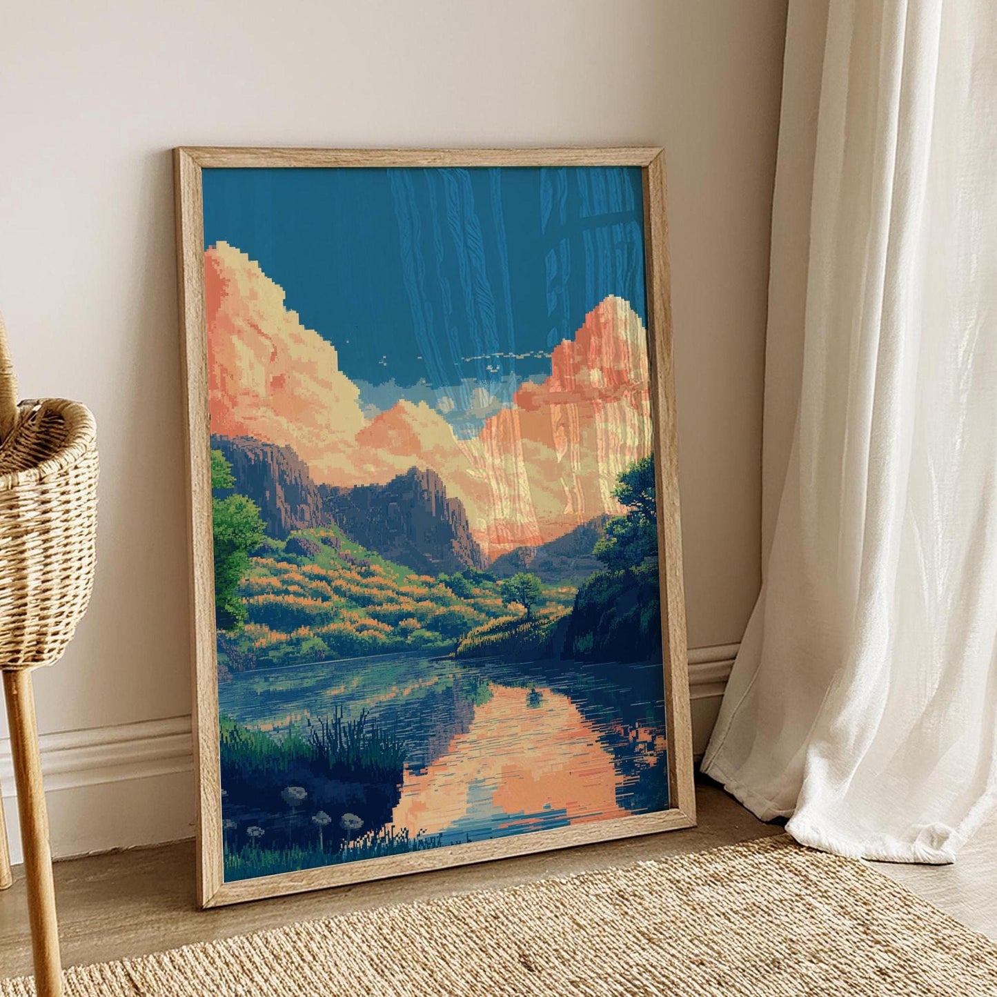 8-Bit Pixel Sunset River Poster – Retro Scenic Landscape Wall Art, Pixelated Nature Print, Indie Aesthetic Room Decor, Vaporwave Vibes