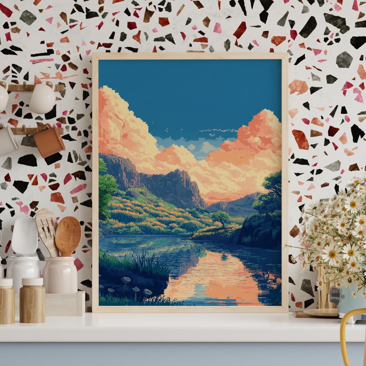 8-Bit Pixel Sunset River Poster – Retro Scenic Landscape Wall Art, Pixelated Nature Print, Indie Aesthetic Room Decor, Vaporwave Vibes