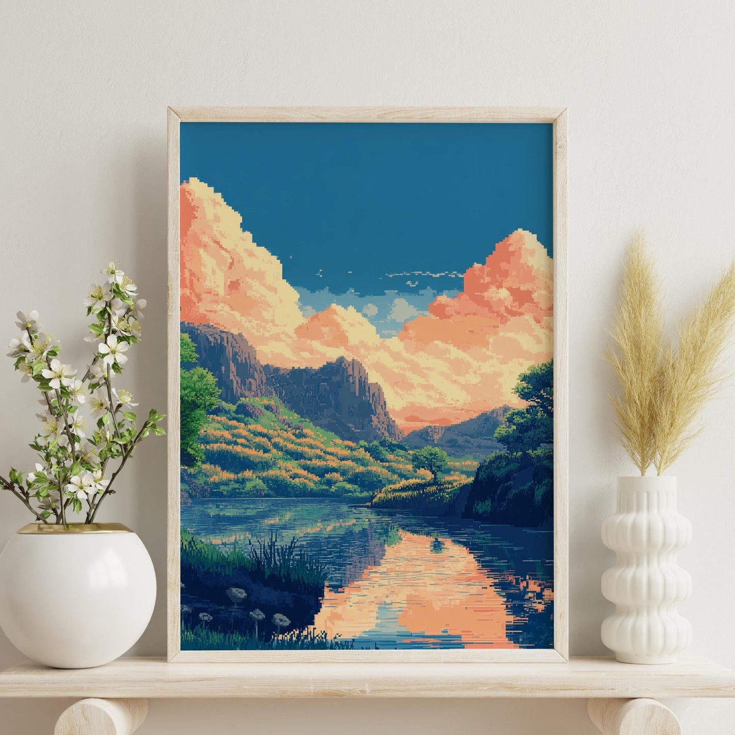 8-Bit Pixel Sunset River Poster – Retro Scenic Landscape Wall Art, Pixelated Nature Print, Indie Aesthetic Room Decor, Vaporwave Vibes
