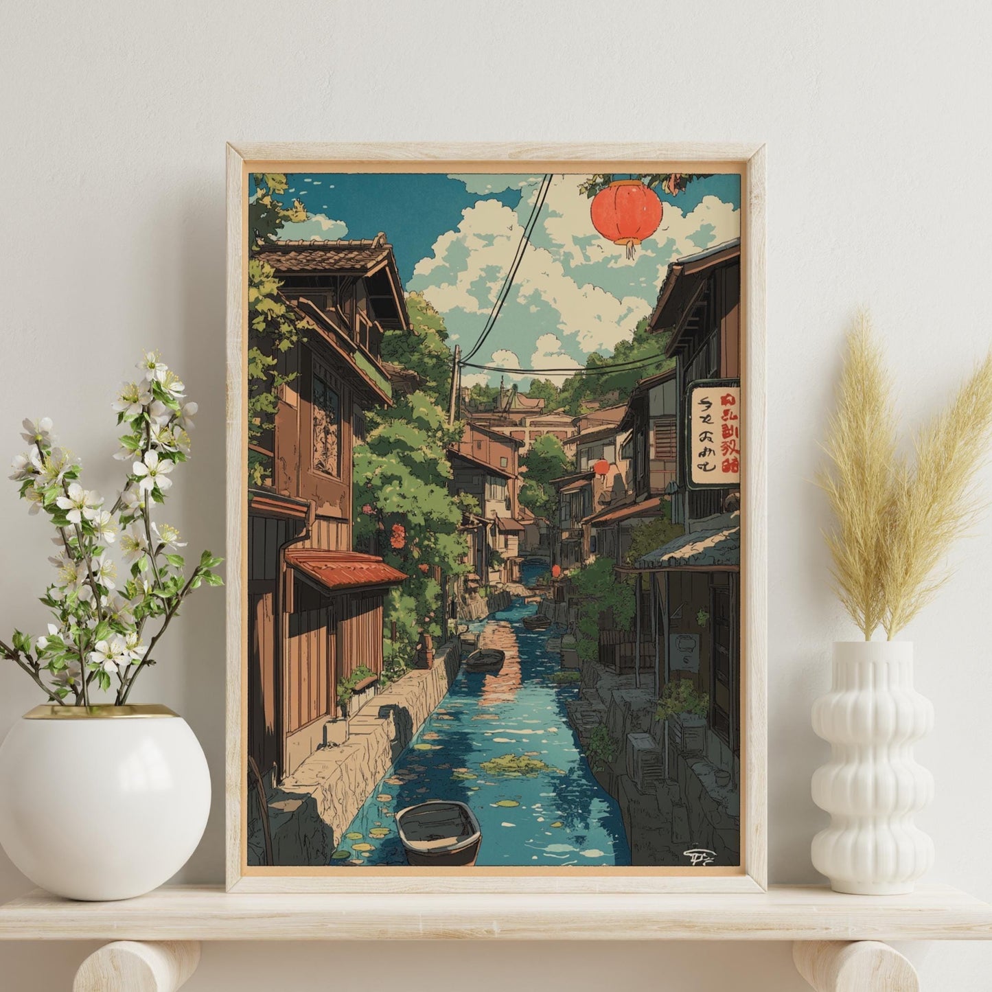Japanese Village Canal Poster Art, Aesthetic Wall Decor, Ideal for Home, Office, Gifts, Japanese Culture