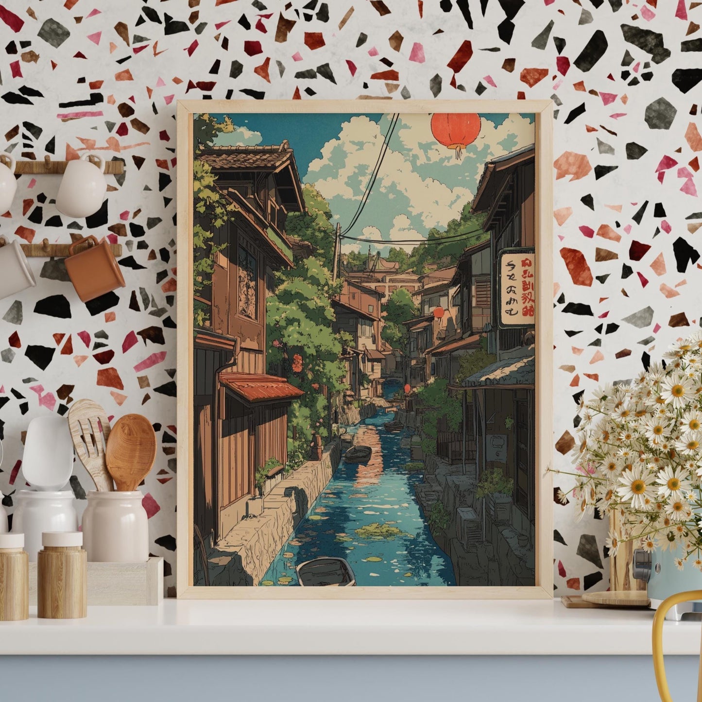 Japanese Village Canal Poster Art, Aesthetic Wall Decor, Ideal for Home, Office, Gifts, Japanese Culture
