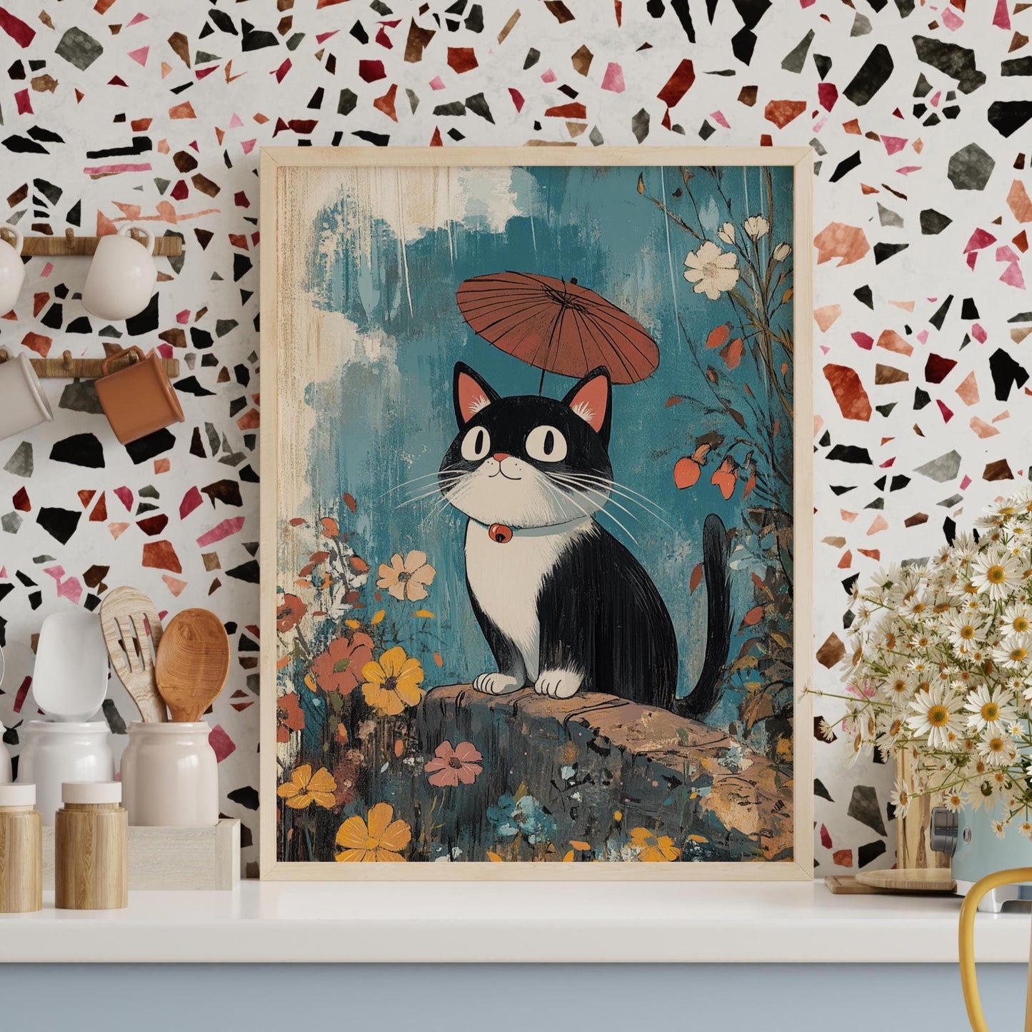 Whimsical Black Cat Poster – Studio Ghibli-Inspired Art Print with Umbrella and Flowers, Cute Kawaii Decor for Cat Lovers and Kids Room