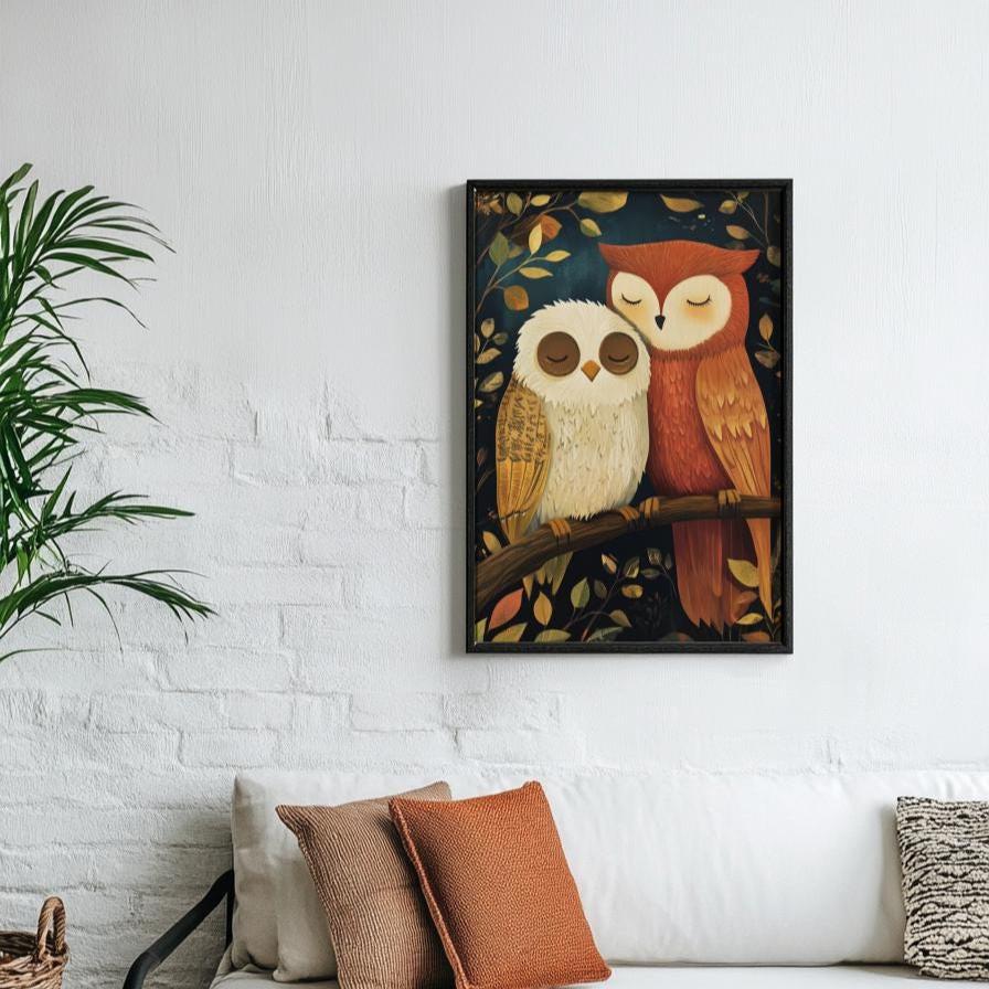 Cozy Owl Couple Love Poster, Cute Animal Wall Art, Perfect for Home Decor, Gifts for Animal Lovers, Nursery Art, Couples Art.
