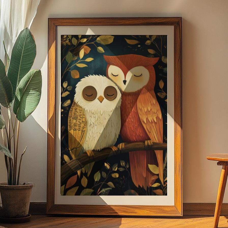 Cozy Owl Couple Love Poster, Cute Animal Wall Art, Perfect for Home Decor, Gifts for Animal Lovers, Nursery Art, Couples Art.