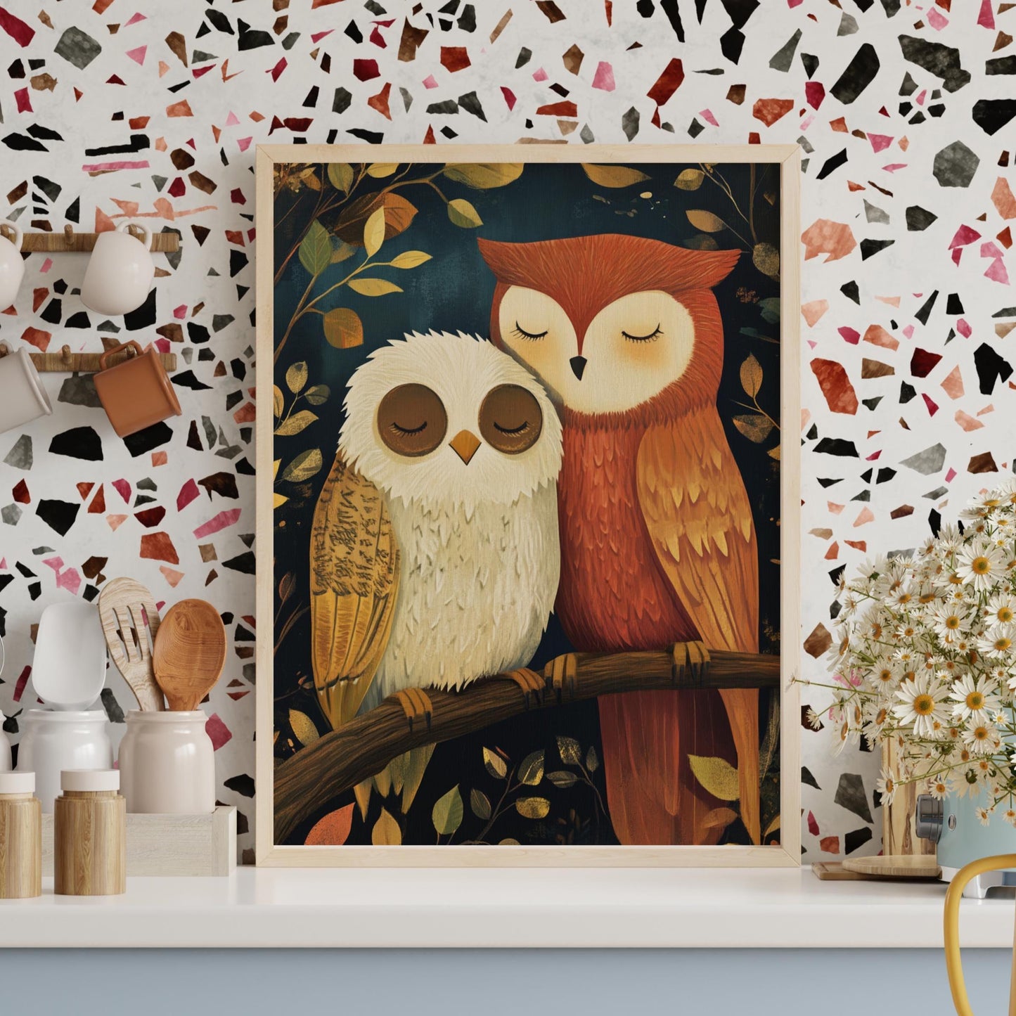 Cozy Owl Couple Love Poster, Cute Animal Wall Art, Perfect for Home Decor, Gifts for Animal Lovers, Nursery Art, Couples Art.