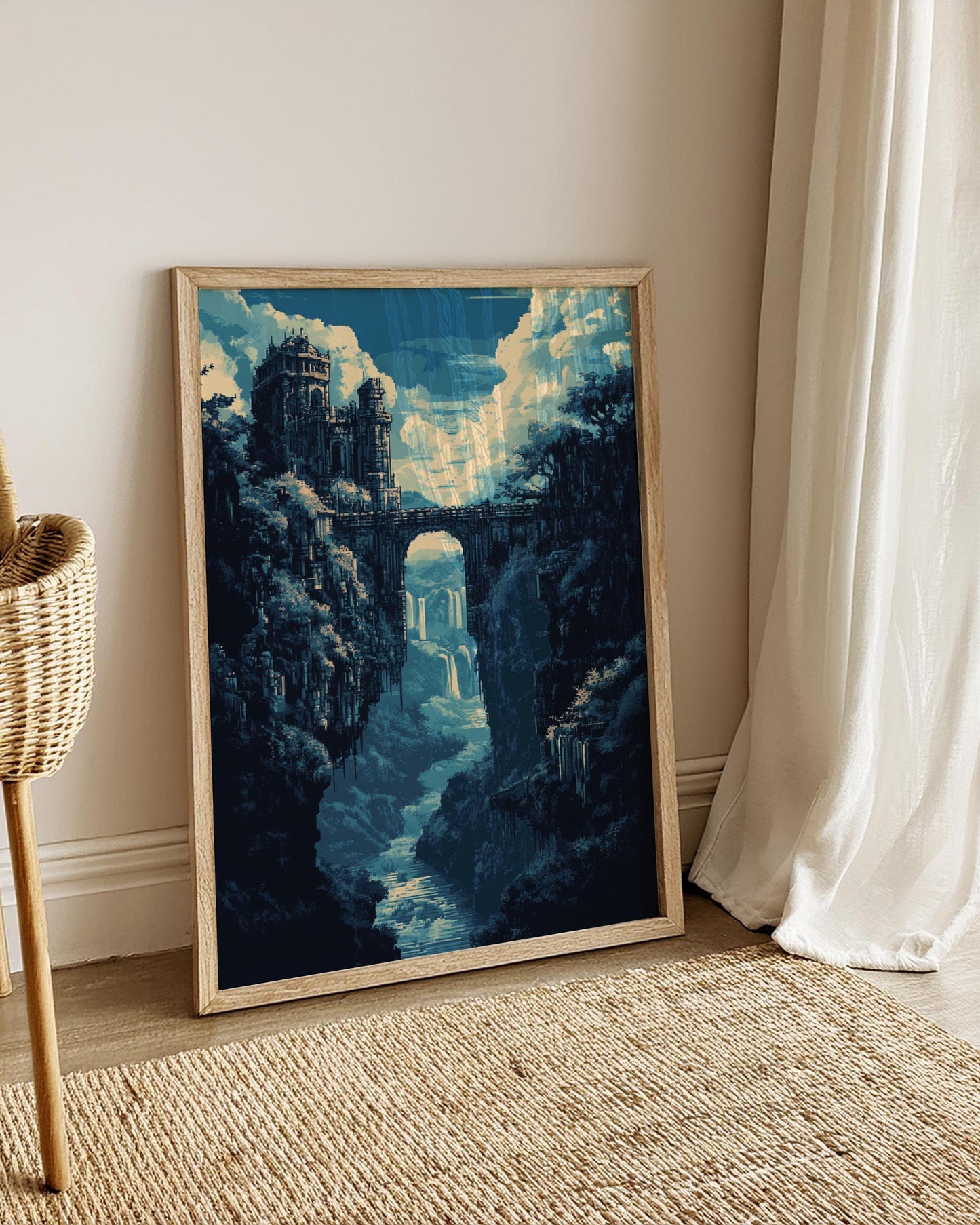 8-Bit Fantasy Bridge Castle Poster | Pixel Art Waterfall Wall Print | Retro Game-Inspired Landscape Decor for Gamers & Dreamers