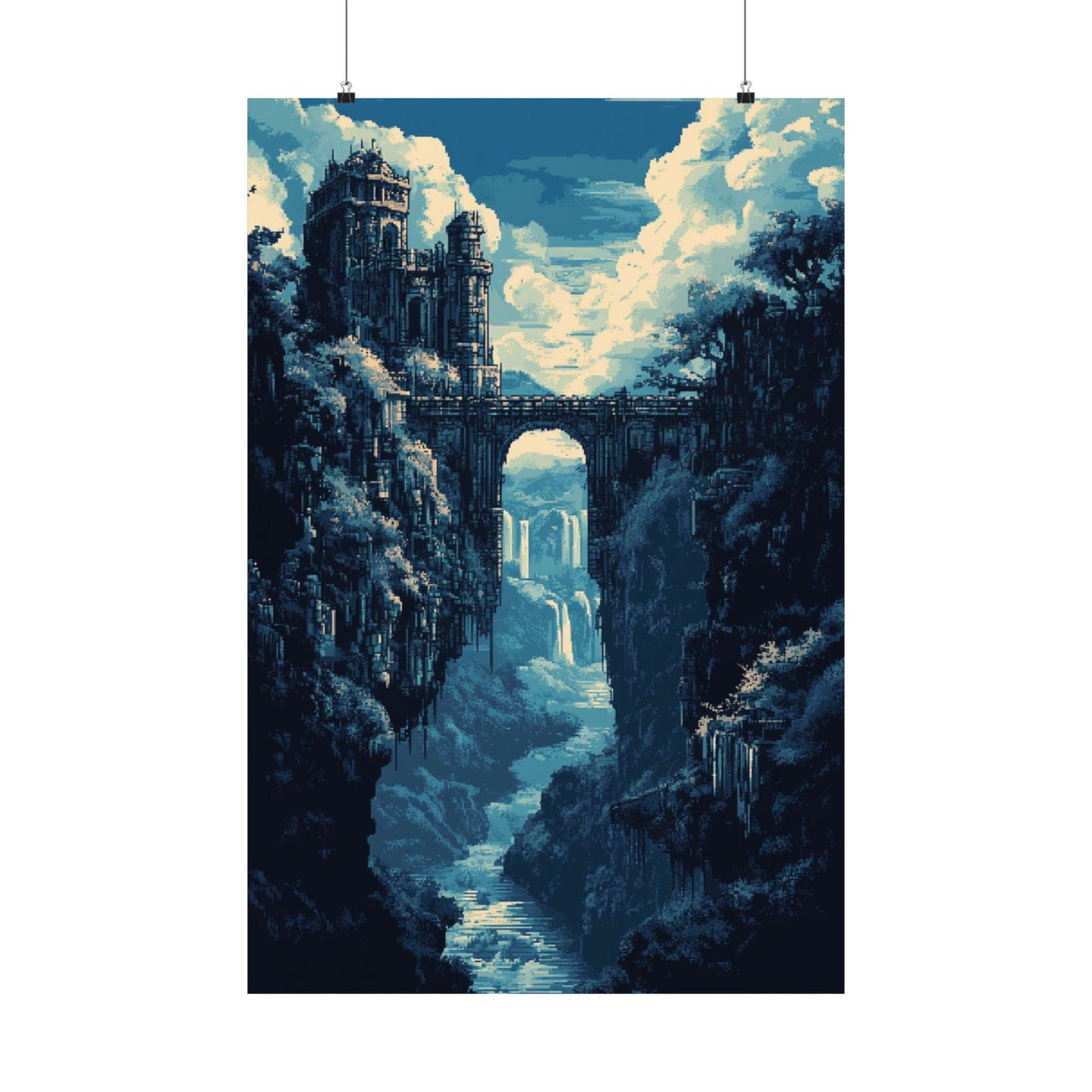 8-Bit Fantasy Bridge Castle Poster | Pixel Art Waterfall Wall Print | Retro Game-Inspired Landscape Decor for Gamers & Dreamers