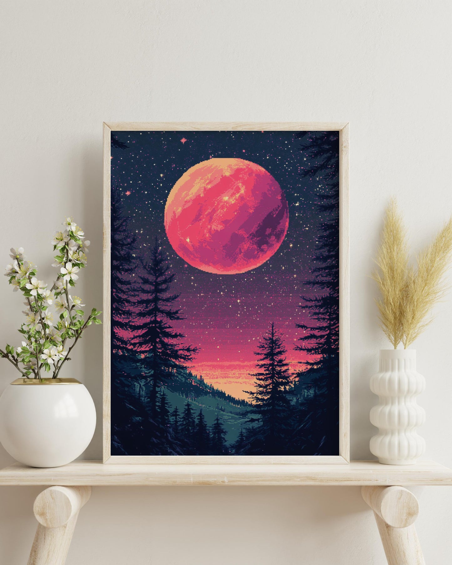 8-Bit Pink Moon Forest Poster | Retro Pixel Sky Landscape Wall Art | Vaporwave Nightscape Print for Gamers & Dreamers
