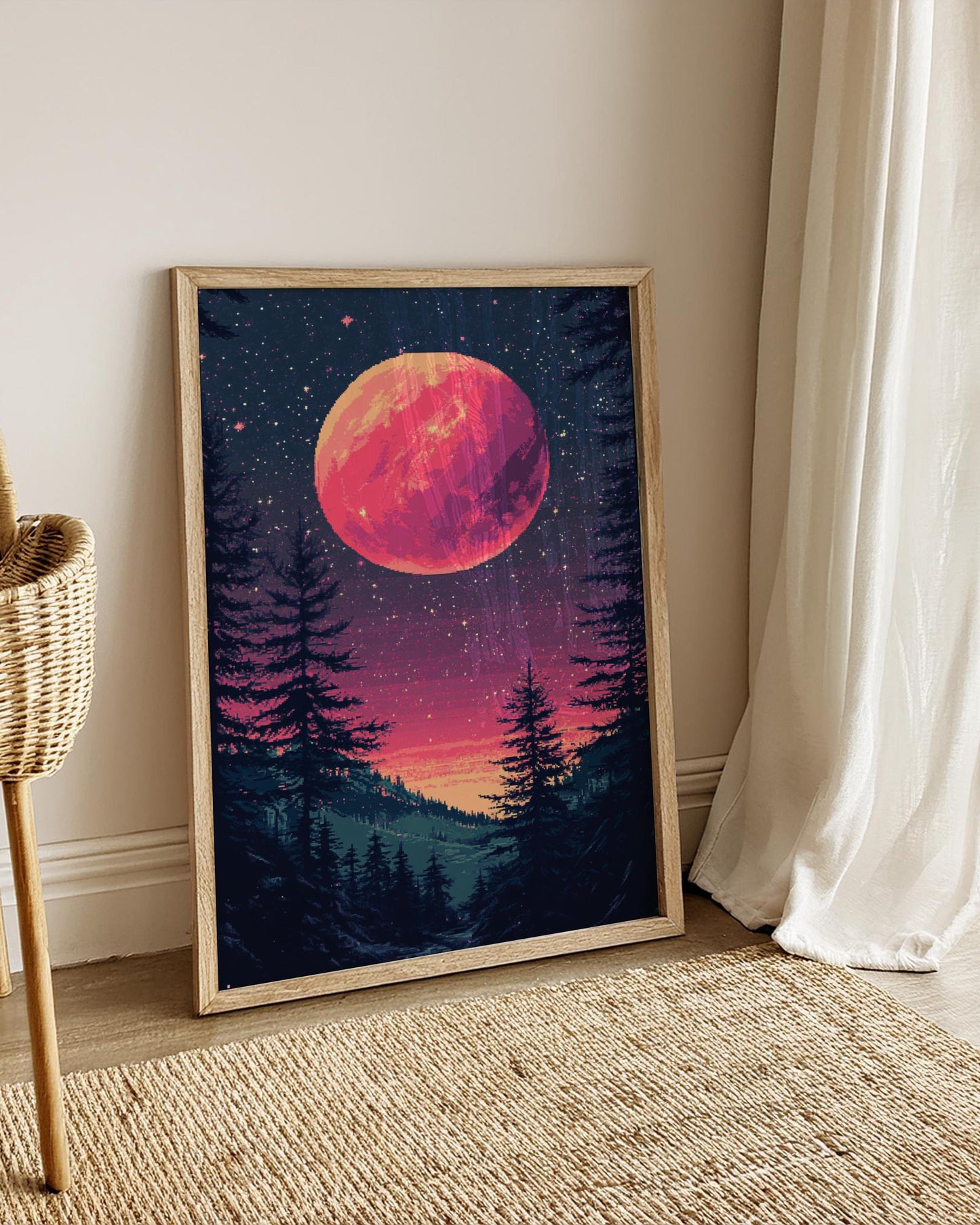 8-Bit Pink Moon Forest Poster | Retro Pixel Sky Landscape Wall Art | Vaporwave Nightscape Print for Gamers & Dreamers