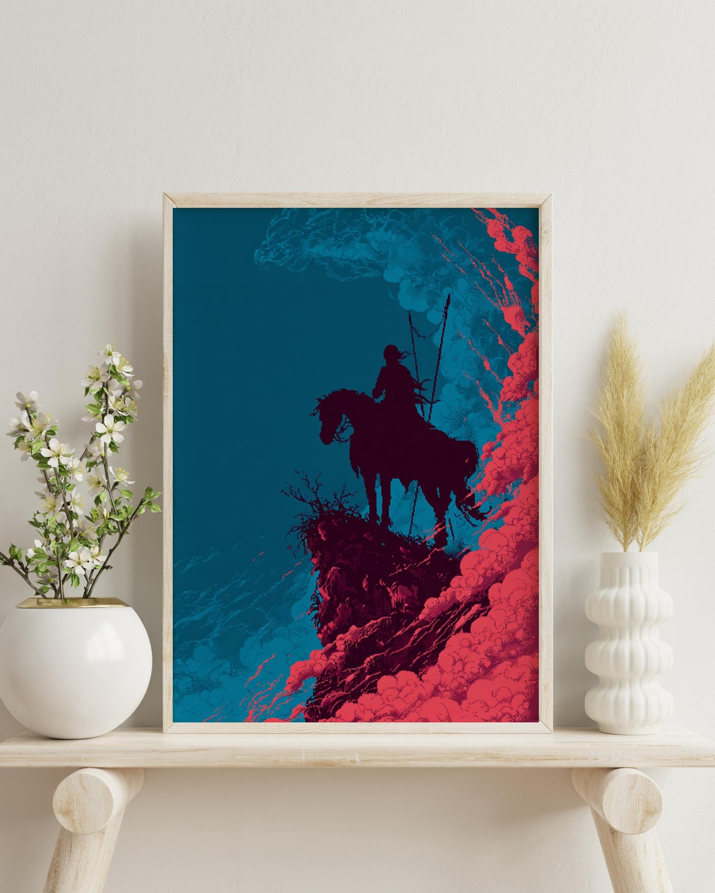 8-Bit Knight Pixel Art Poster | Retro Medieval Horseback Warrior Wall Art | Vintage Video Game Style Print for Gamer Room Decor