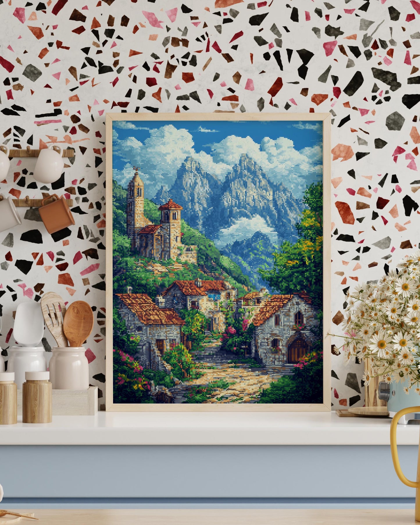 8-Bit Village Pixel Art Poster | Cozy Mountain Landscape Print | Retro Cottagecore Wall Decor | Rustic Countryside Pixel Art