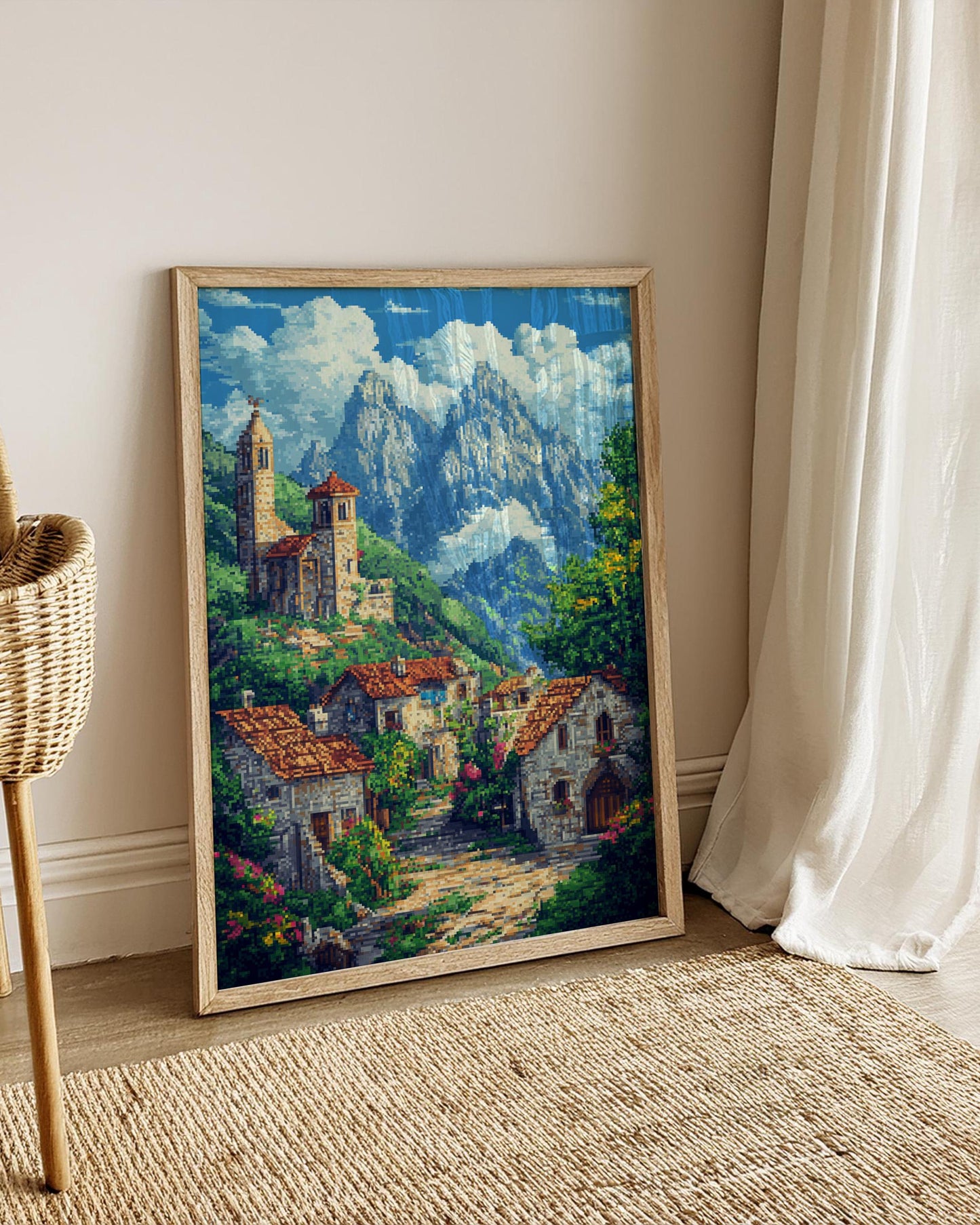 8-Bit Village Pixel Art Poster | Cozy Mountain Landscape Print | Retro Cottagecore Wall Decor | Rustic Countryside Pixel Art