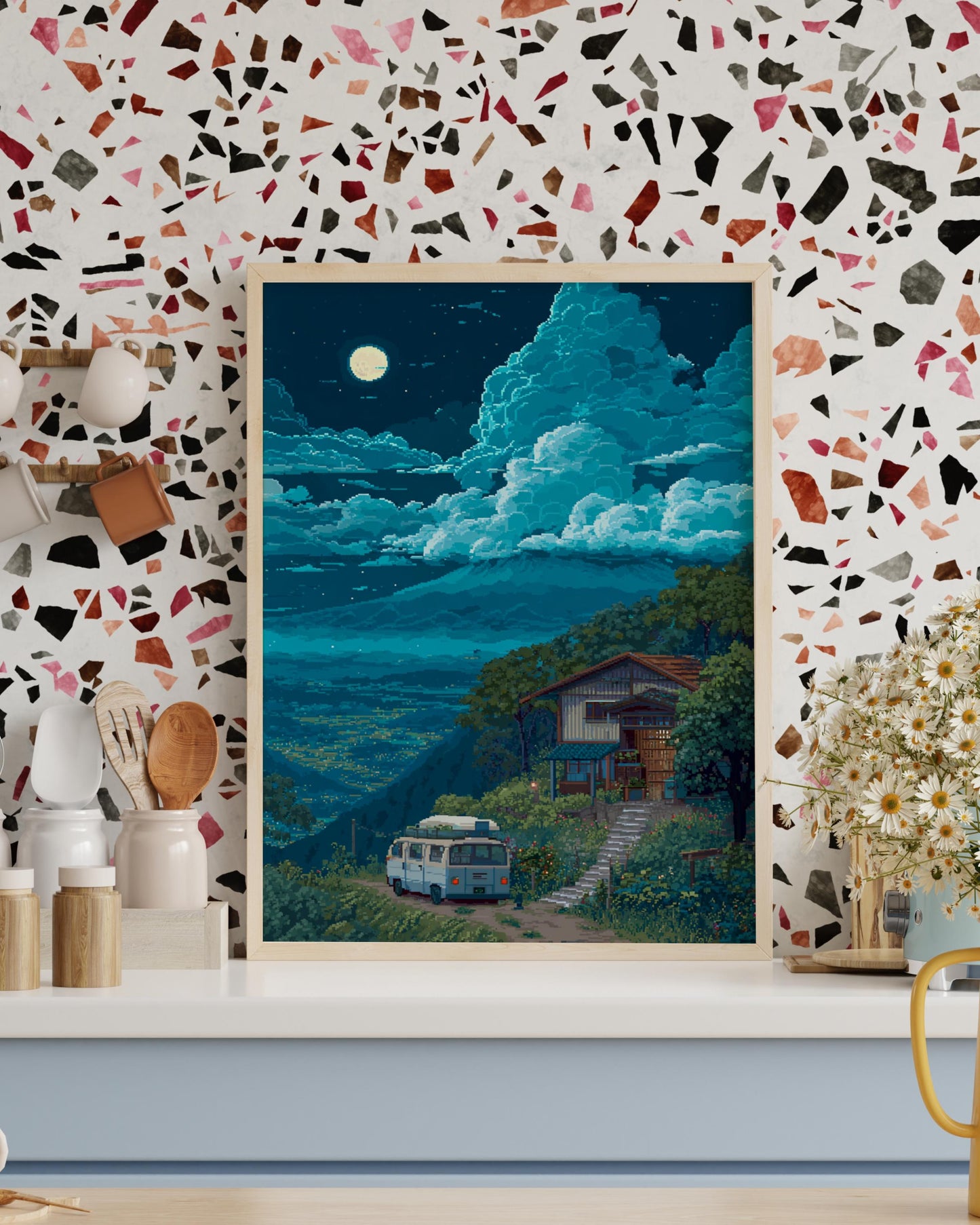 8-Bit Pixel Art Moonlit Cabin Poster | Retro Cottage Van Print | Cozy Night Landscape Wall Art | Aesthetic Gamer Room Decor
