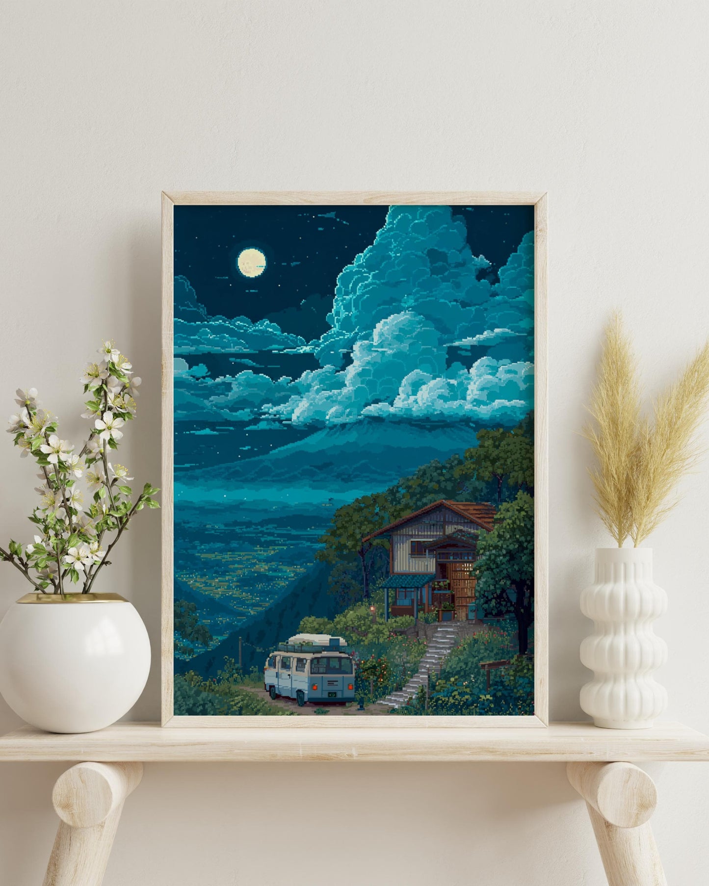 8-Bit Pixel Art Moonlit Cabin Poster | Retro Cottage Van Print | Cozy Night Landscape Wall Art | Aesthetic Gamer Room Decor