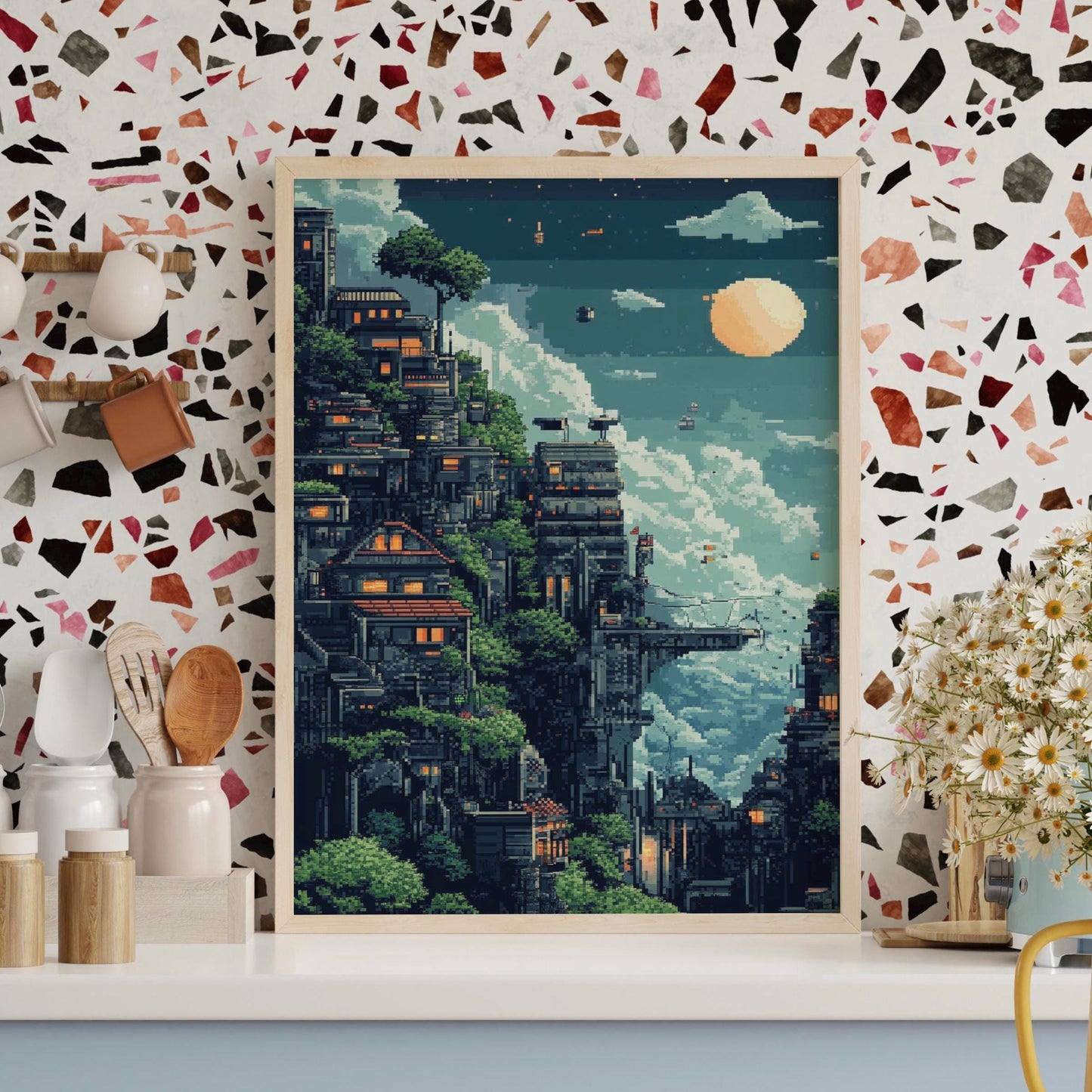 8-Bit Futuristic City Poster – Pixel Art Sci-Fi Wall Print, Retro Urban Cliff Landscape, Cyber Village Night Scene Decor