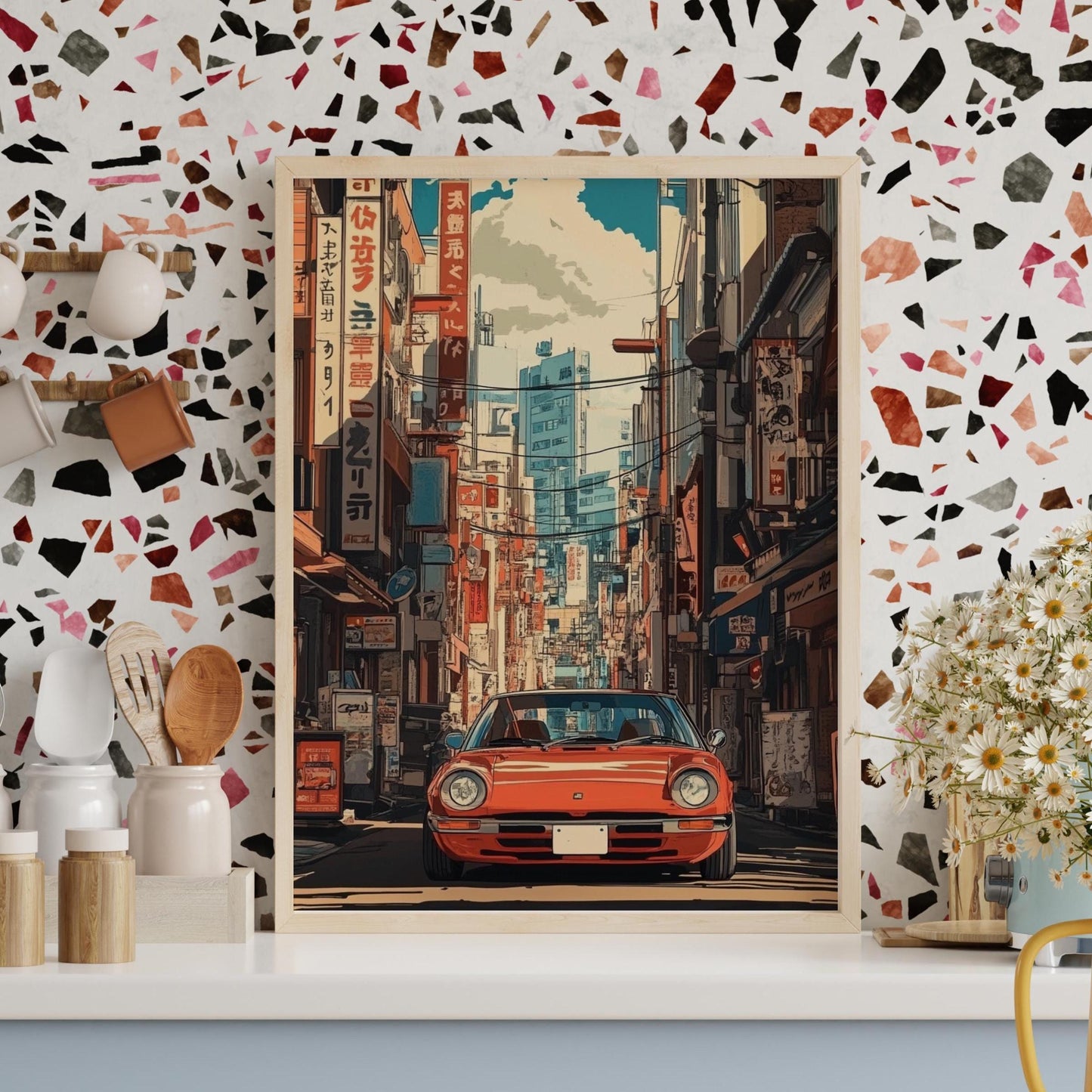 Retro Car in Tokyo Street Poster – Japanese Cityscape Wall Art, Classic Auto Print, Urban Anime Decor, JDM Inspired Gift for Him