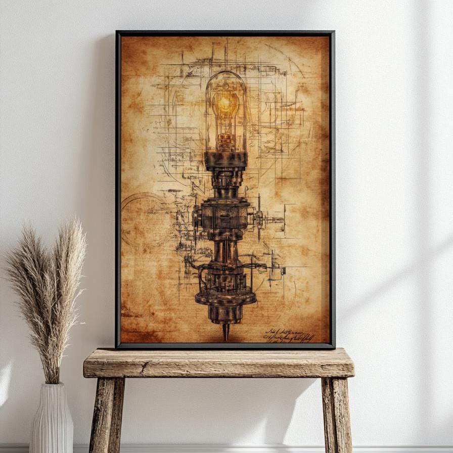 Vintage Industrial Patent Style Light Poster, Retro Wall Art, Steampunk Home Decor, Unique Gift for Engineers, Rustic Office Decoration