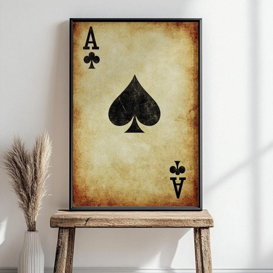 Vintage Playing Card Wall Art Poster, Retro Gambling Decor for Game Room, Spade Ace Print, Home Decor, Card Games Decoration