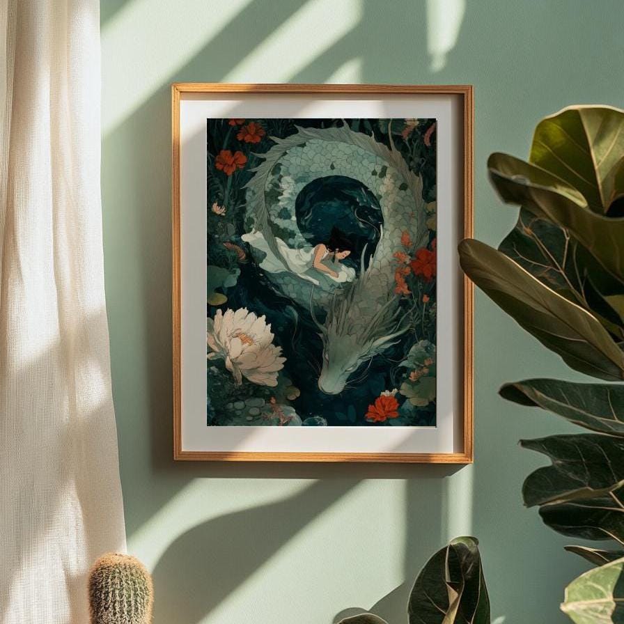 Mystical Dragon & Girl Posters, Fantasy Wall Art, Home Decor, Gift for Artists, Occasional Decor, Anime Poster, Room Decor, Ghibli Inspired
