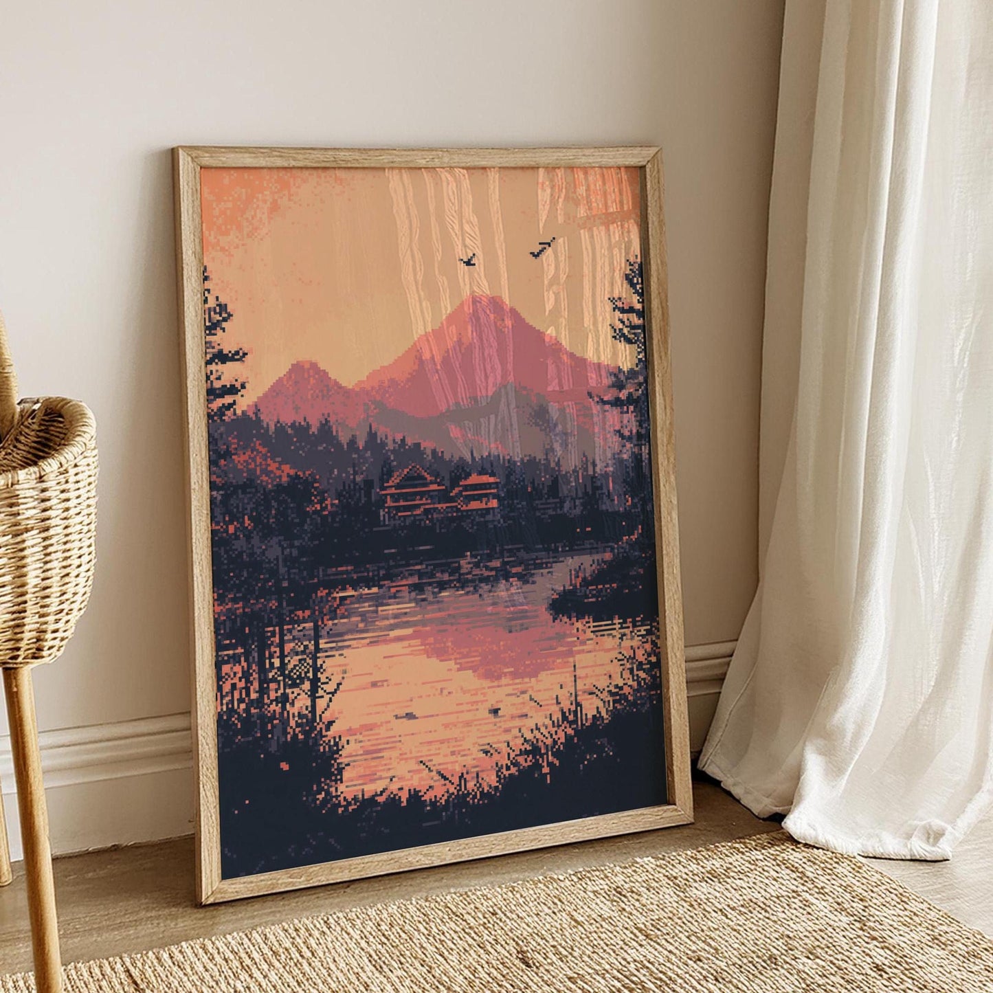 Pixel Art Mountain Sunset Poster – Aesthetic 8-Bit Landscape Print with Lake Reflection, Retro Gaming Wall Decor for Cozy Spaces