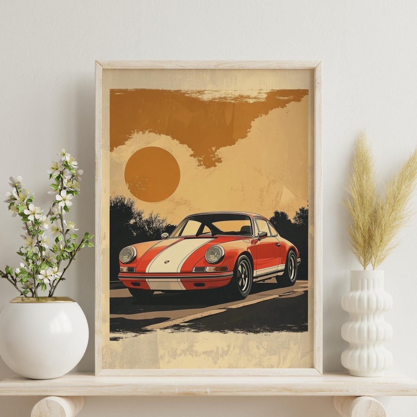Retro Racing Car Poster – Vintage Sports Car Wall Art, Sunset Road Print, Bold Stripe Auto Decor, Classic Driver Gift for Him