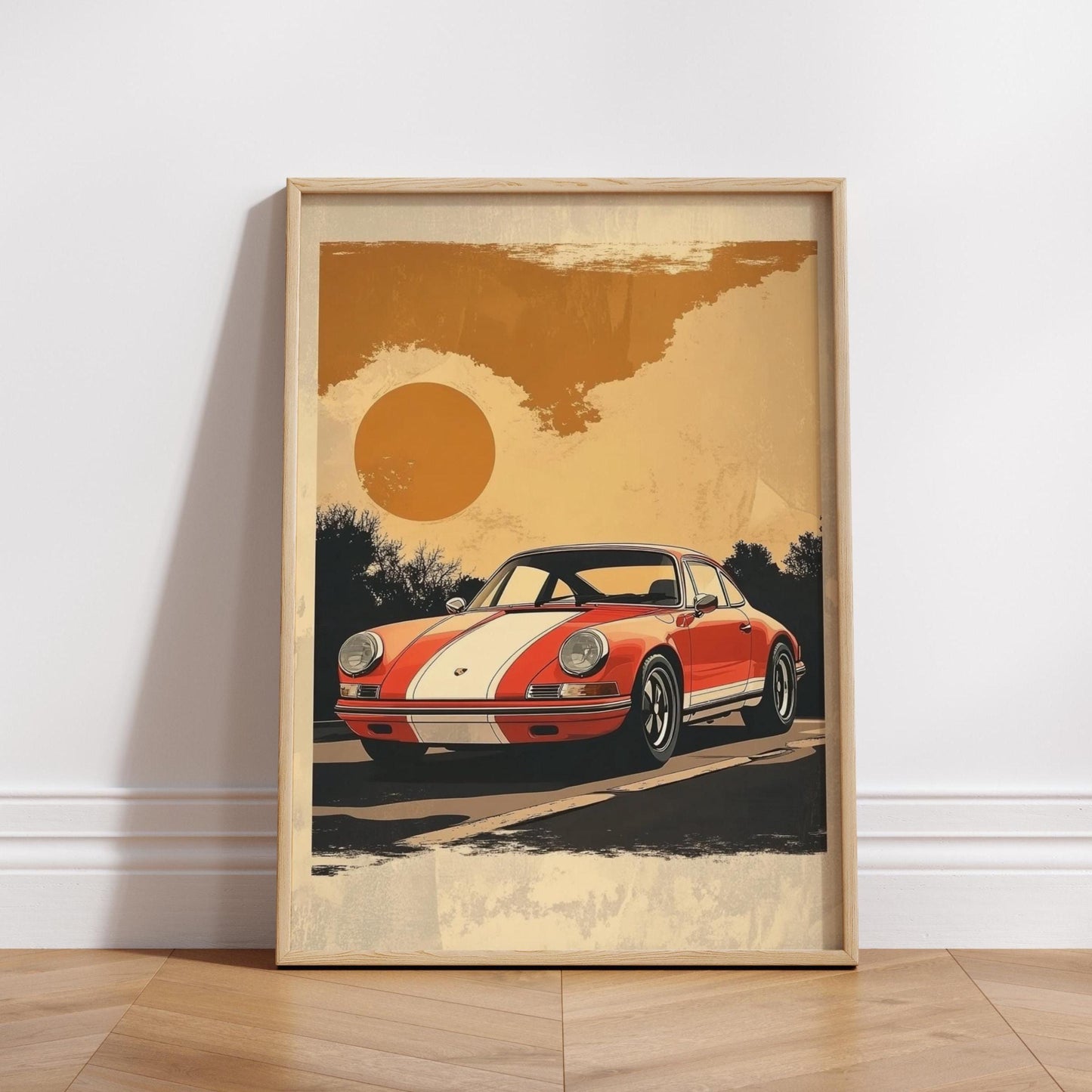 Retro Racing Car Poster – Vintage Sports Car Wall Art, Sunset Road Print, Bold Stripe Auto Decor, Classic Driver Gift for Him
