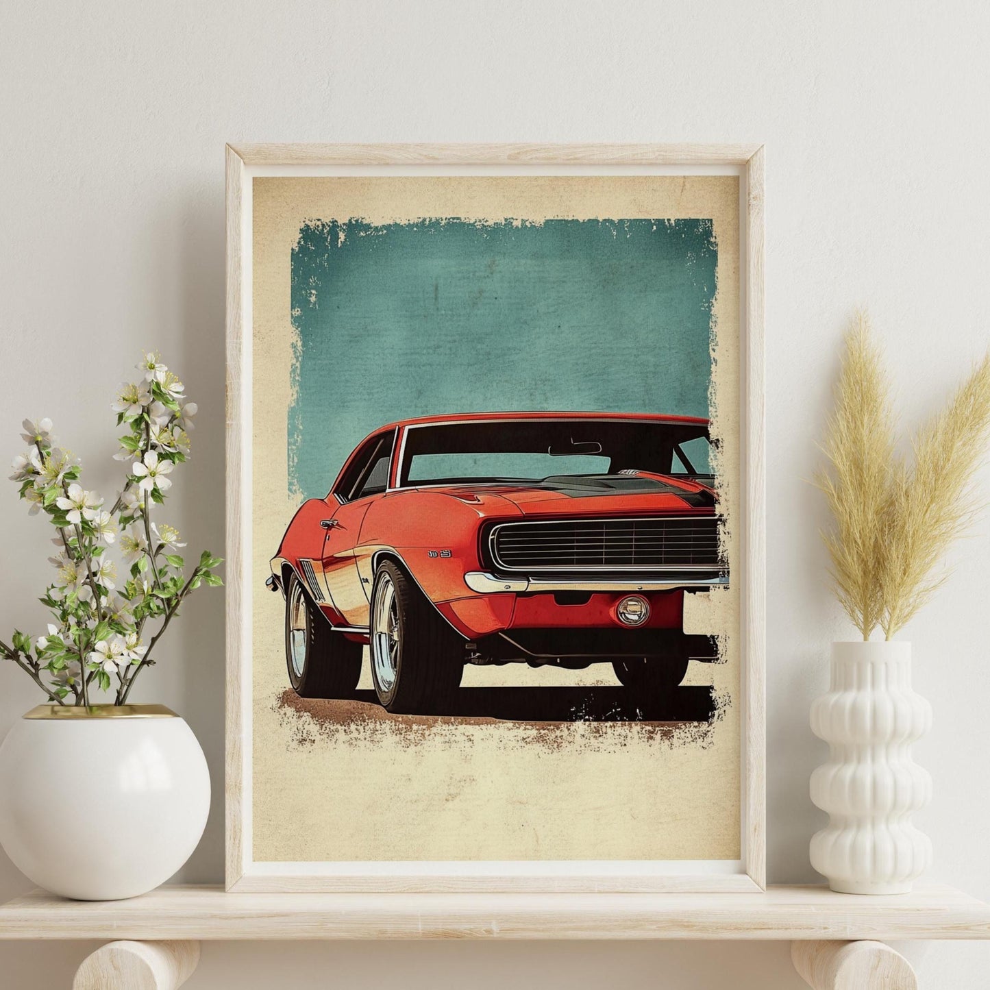 Classic Muscle Car Poster – Vintage American Auto Wall Art, Bold Red Camaro Print, Retro Garage Decor, Gift for Car Lovers