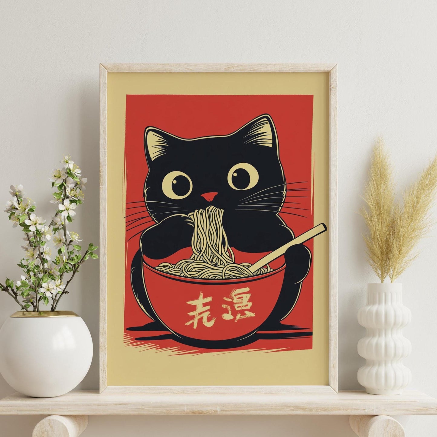 Kawaii Cat Noodle Poster, Kitchen Wall Art, Japanese Food Decor, Animal Lover Gift, Adorable Home Decoration, Japanese Poster, Black Cat