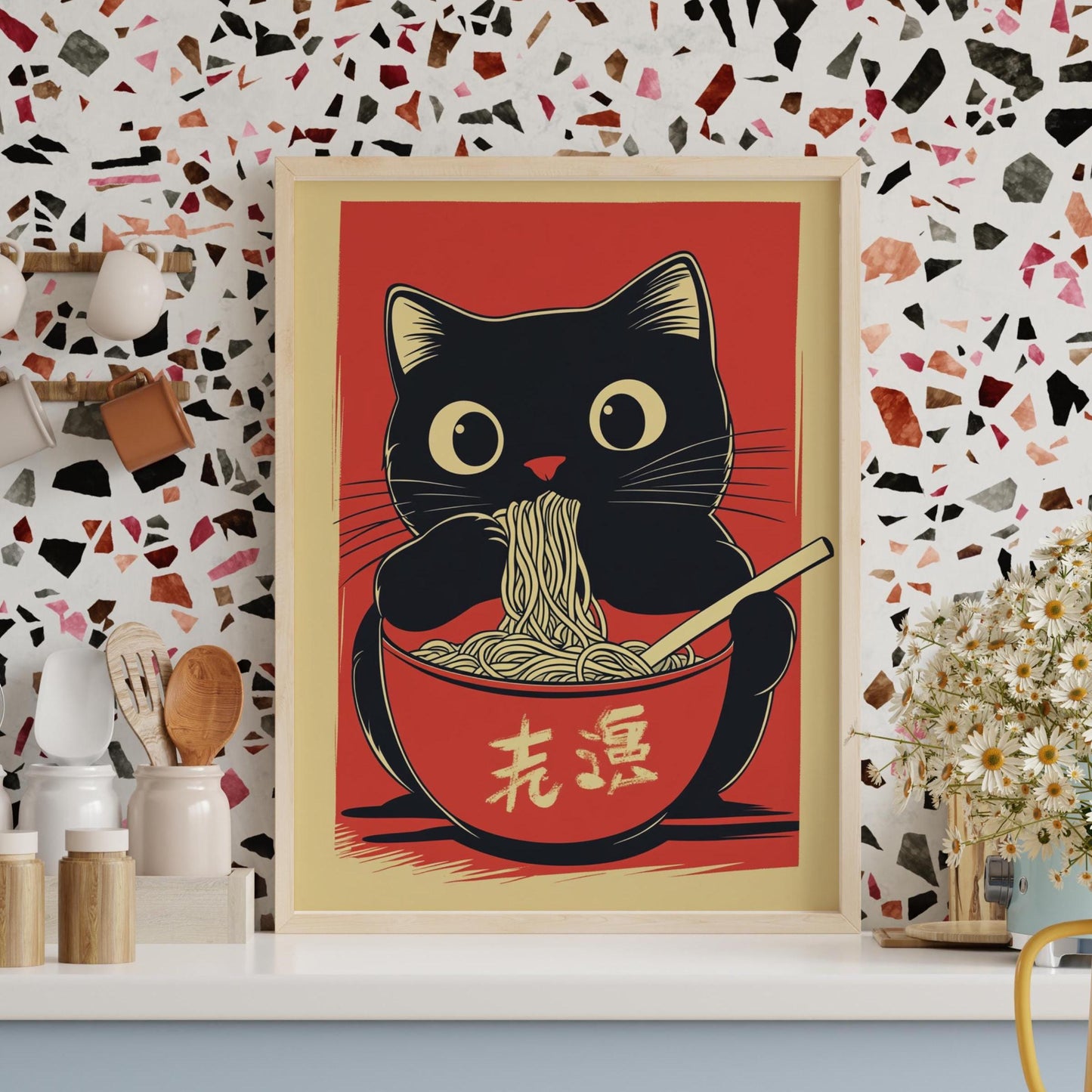 Kawaii Cat Noodle Poster, Kitchen Wall Art, Japanese Food Decor, Animal Lover Gift, Adorable Home Decoration, Japanese Poster, Black Cat