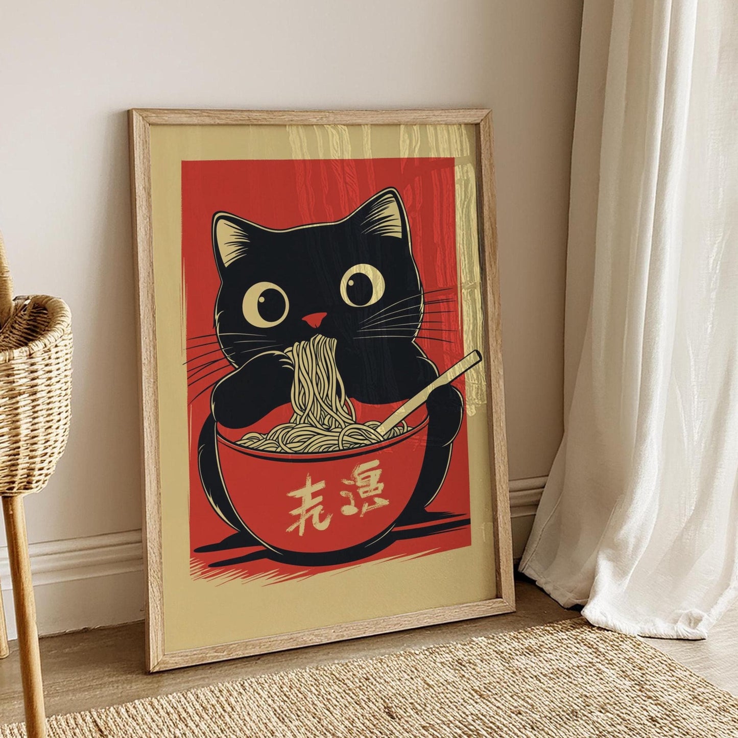 Kawaii Cat Noodle Poster, Kitchen Wall Art, Japanese Food Decor, Animal Lover Gift, Adorable Home Decoration, Japanese Poster, Black Cat