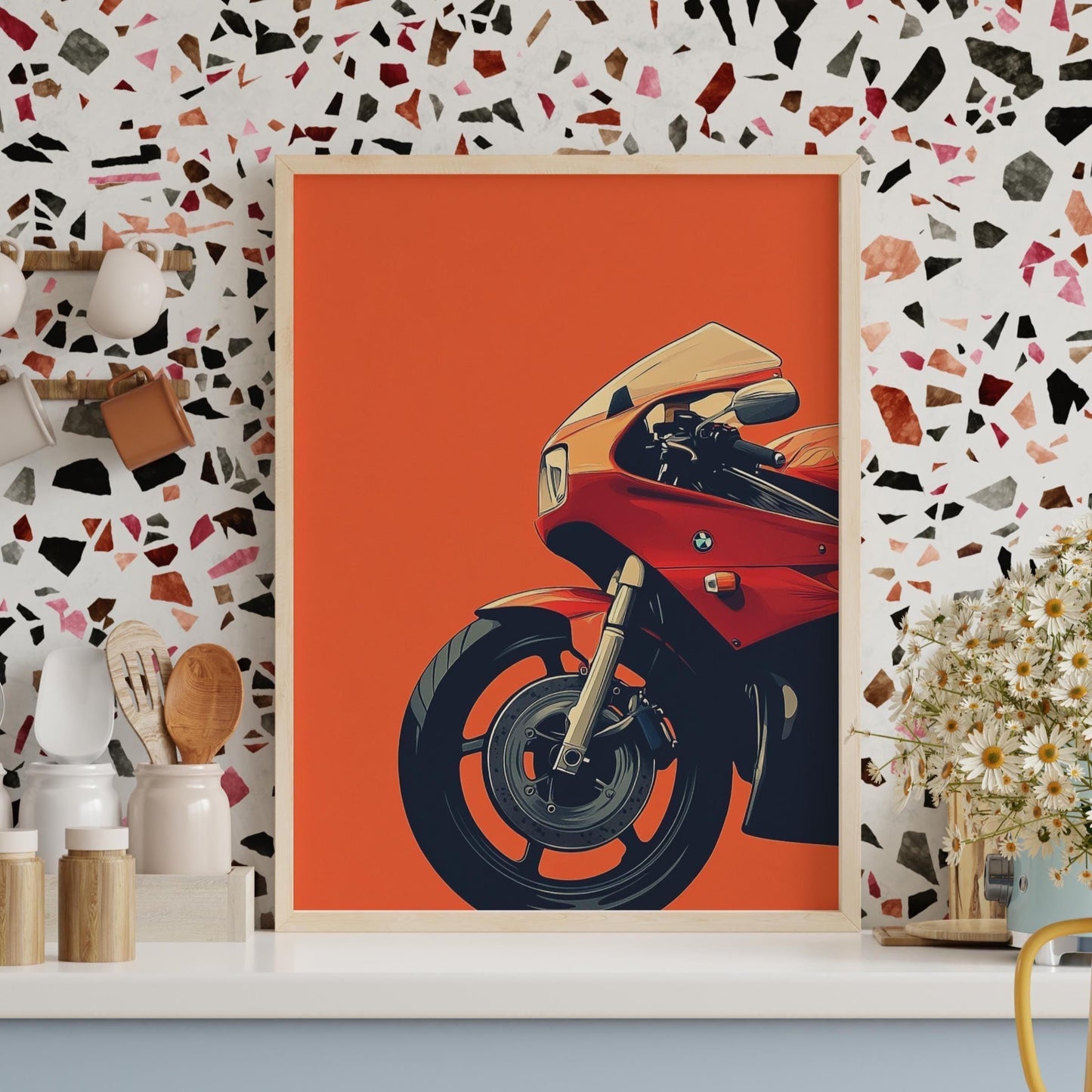 Modern Sport Motorcycle Poster – Minimalist Red Bike Wall Art, Clean Vector Moto Print, Bold Orange Decor, Gift for Biker Enthusiasts