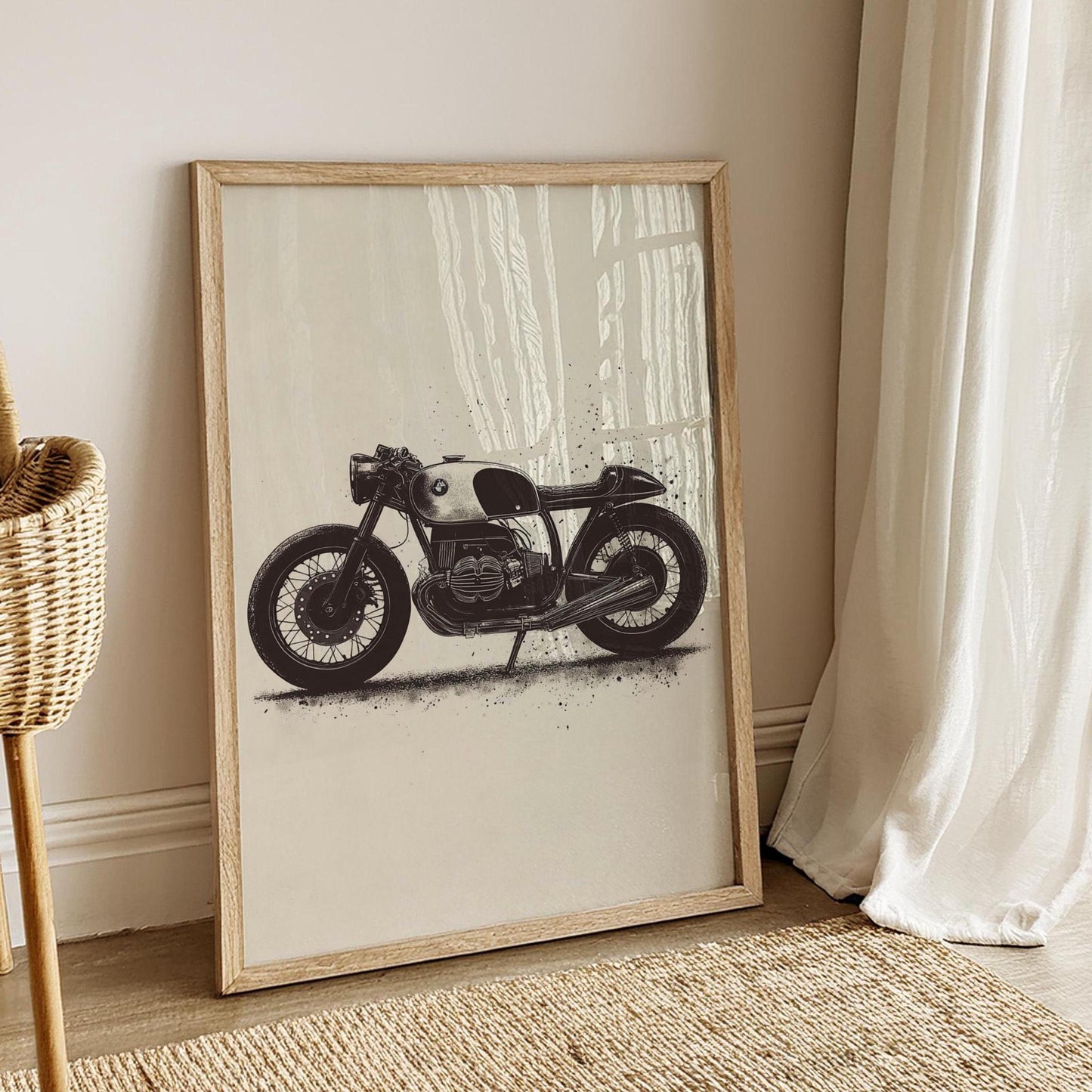 Cafe Racer Motorcycle Poster Print – Vintage BMW Bike Wall Art, Retro Garage Decor, Minimalist Ink Style Biker Gift for Him