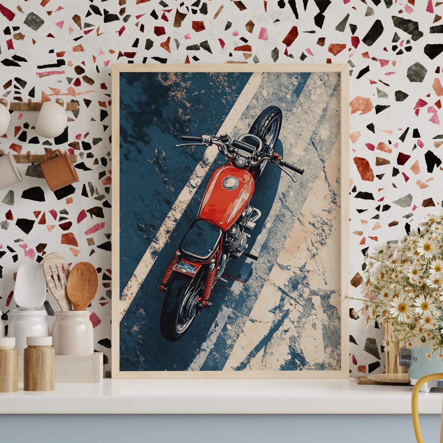 Cafe Racer Overhead Poster – Vintage Motorcycle Wall Art, Red Bike on Road Print, Gritty Moto Decor, Gift for Bikers and Riders