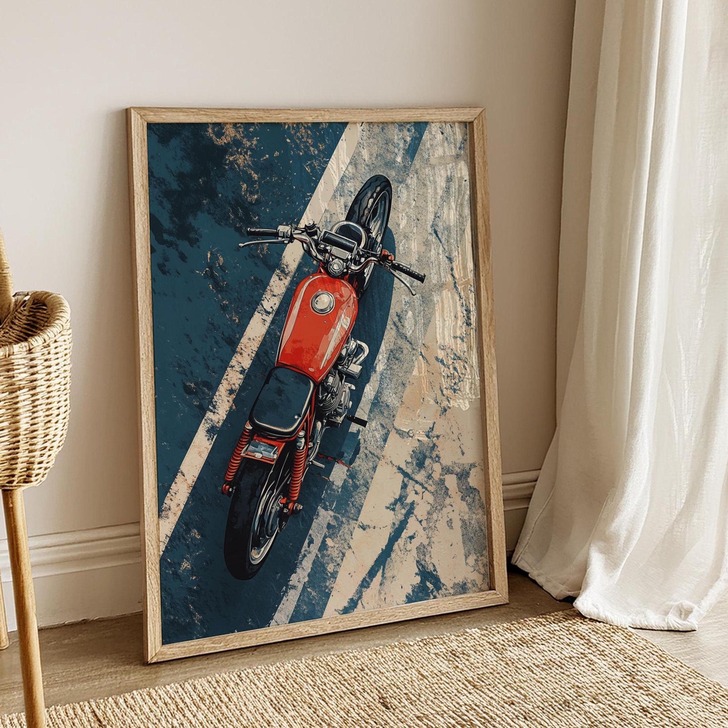 Cafe Racer Overhead Poster – Vintage Motorcycle Wall Art, Red Bike on Road Print, Gritty Moto Decor, Gift for Bikers and Riders